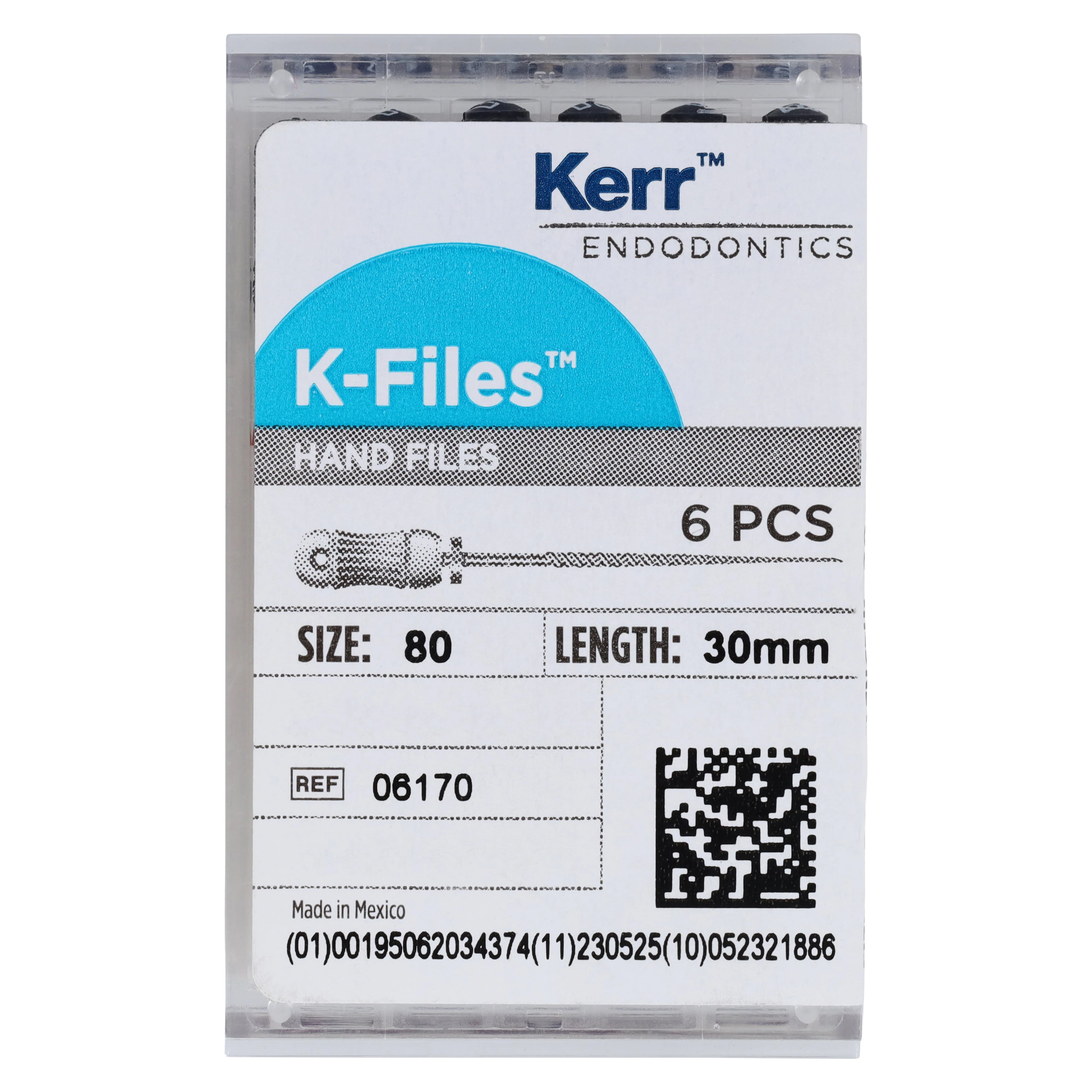 Kerr K-Files Stainless Steel Hand Files, 30mm, Size #80, Black, 6/Box