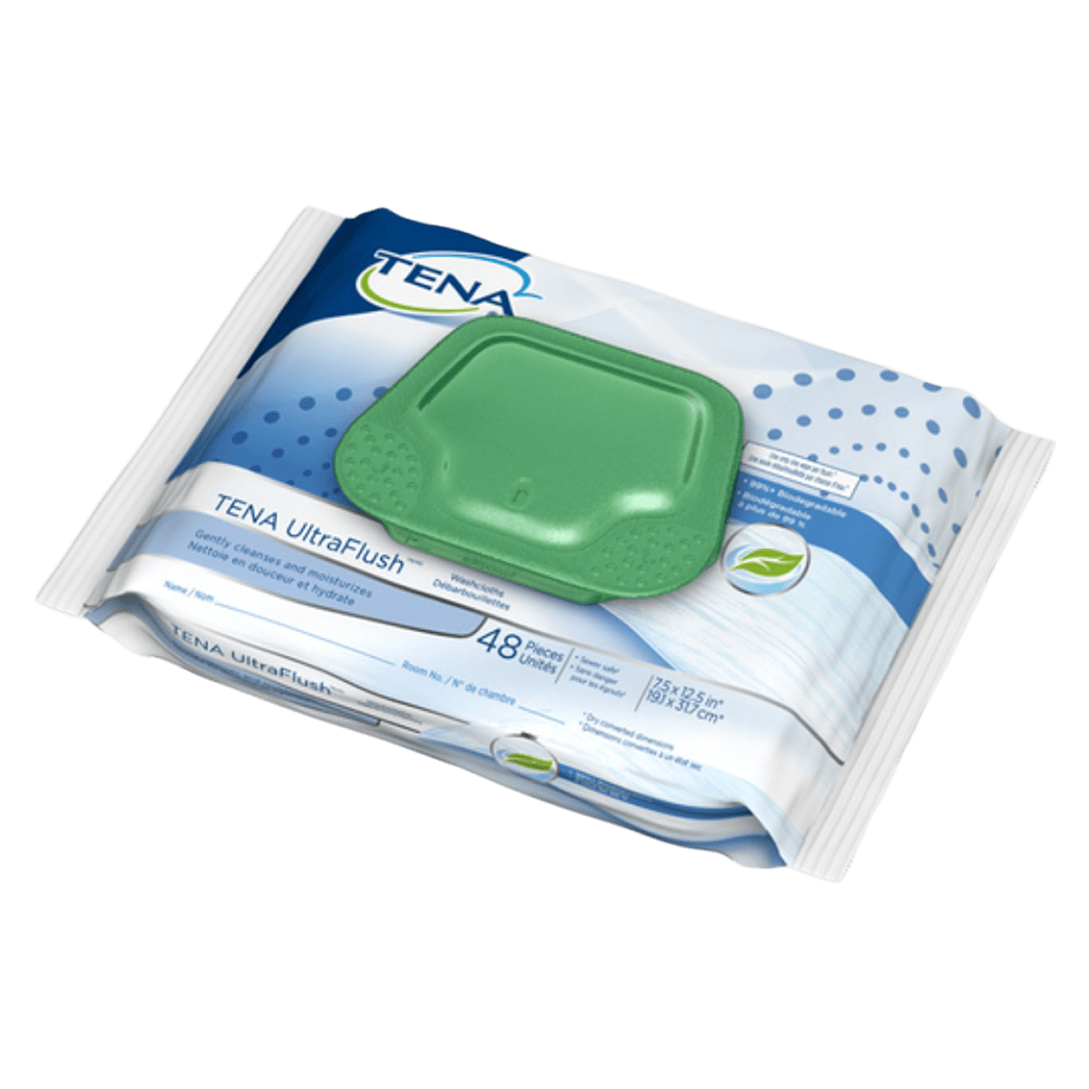 TENA Ultra Flush Pre-Moistened Washcloths, Disposable, 100% Biodegradable Tissue, Mild Fresh Scent, 7.5" x 12.5", White, 400/Case