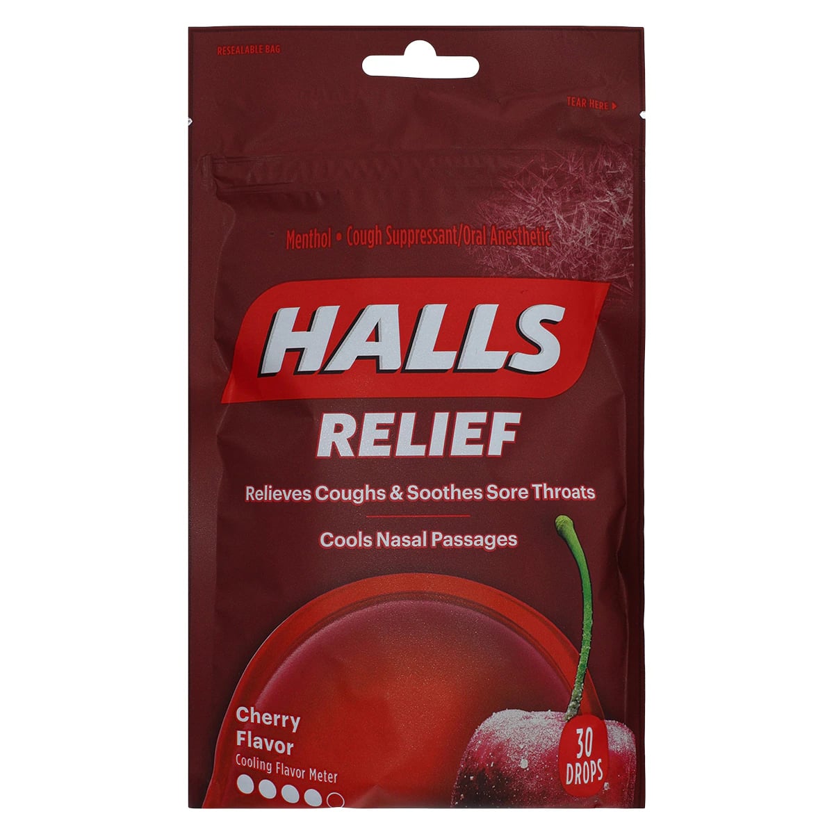 Halls Cough Drop Lozenges, Cherry, 5.8mg, 30/Bag