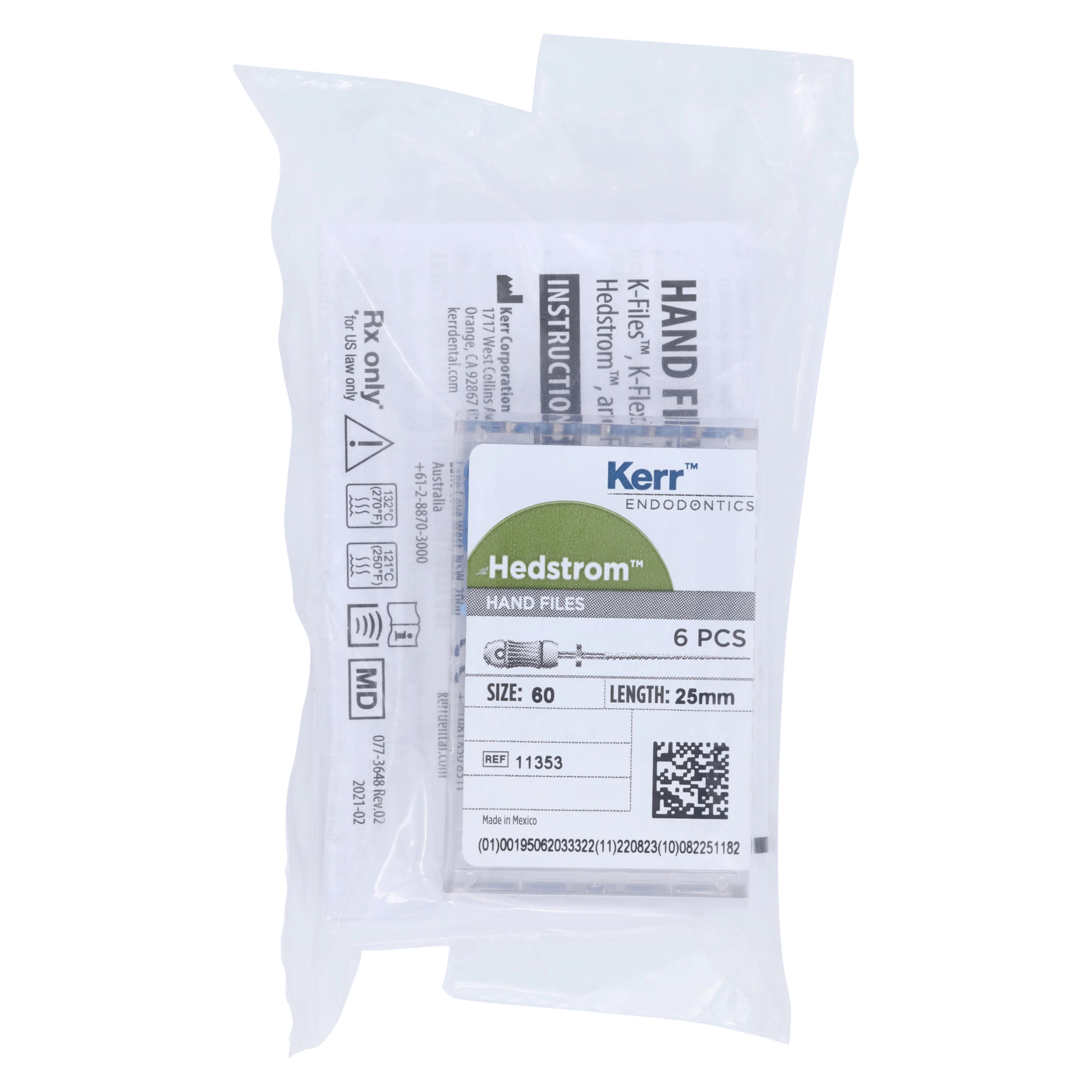 Kerr (SybronEndo) Hedstrom Files, Stainless Steel, 25 mm, Size #60, Blue, 6/Pk, 11353