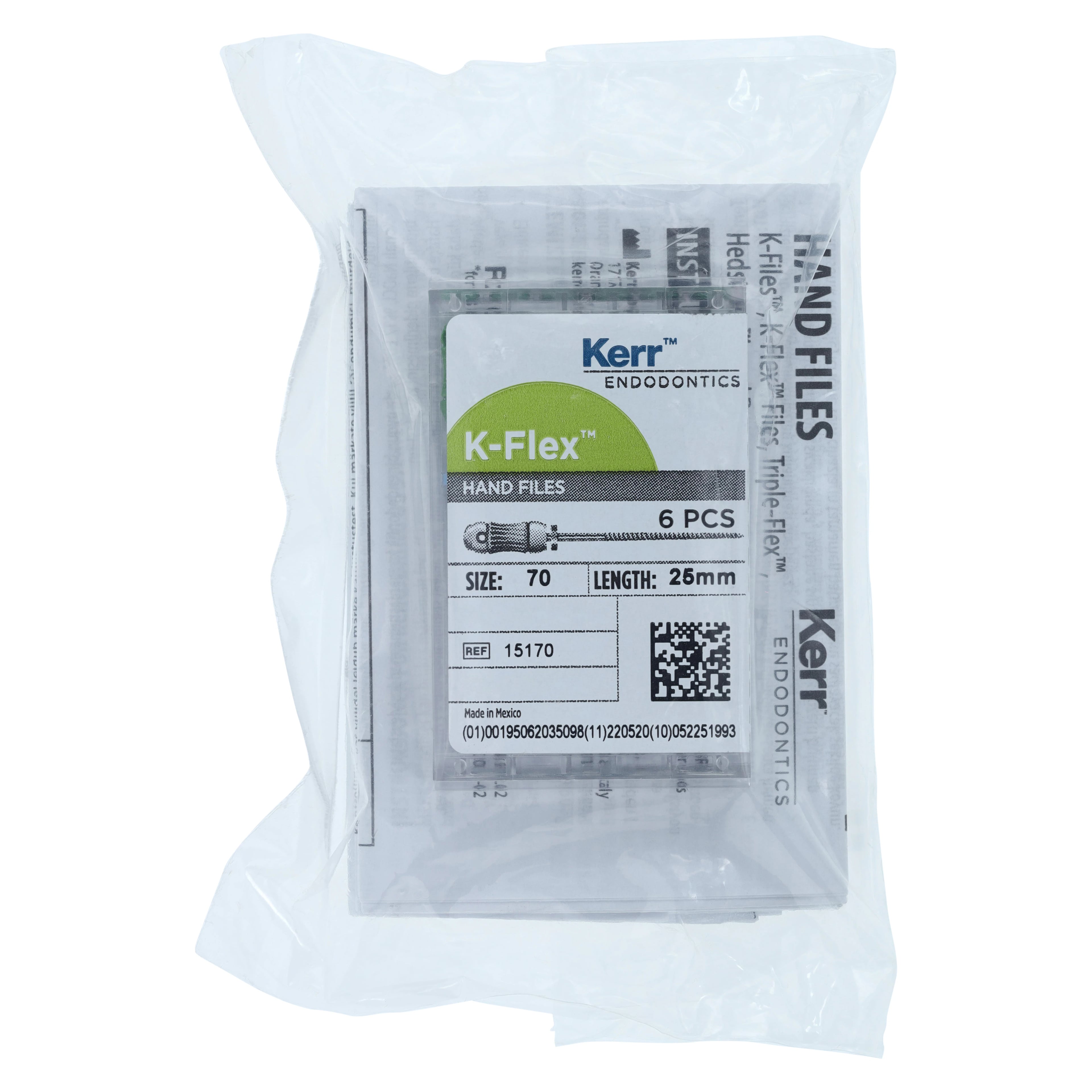 Kerr K-Flex Endodontic Files, #70 (Green), 25mm, Stainless Steel, Color-Coded Plastic Handle, 6/Pack, #15170