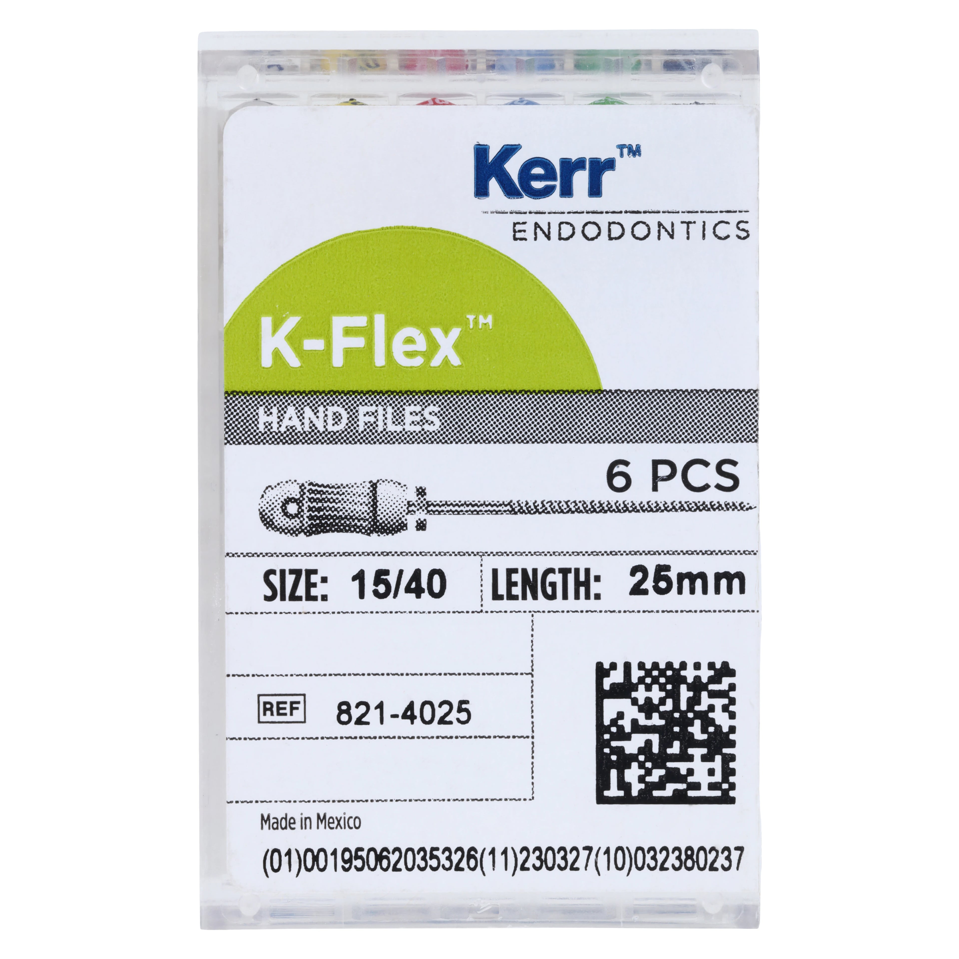 Kerr K-Flex Endodontic Files, Stainless Steel, 25mm, Assorted Sizes #15-40, 6/Pack, 821-4025