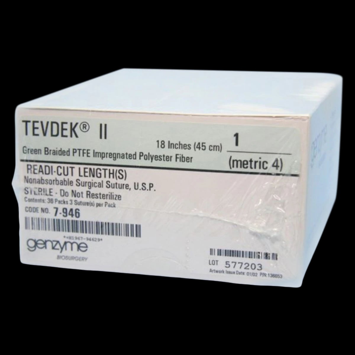 Deknetal Tevdek II Suture, Size 1, 3x18" Nylon Braid, Non-Absorbable, PTFE Coated, Green, 36/Box