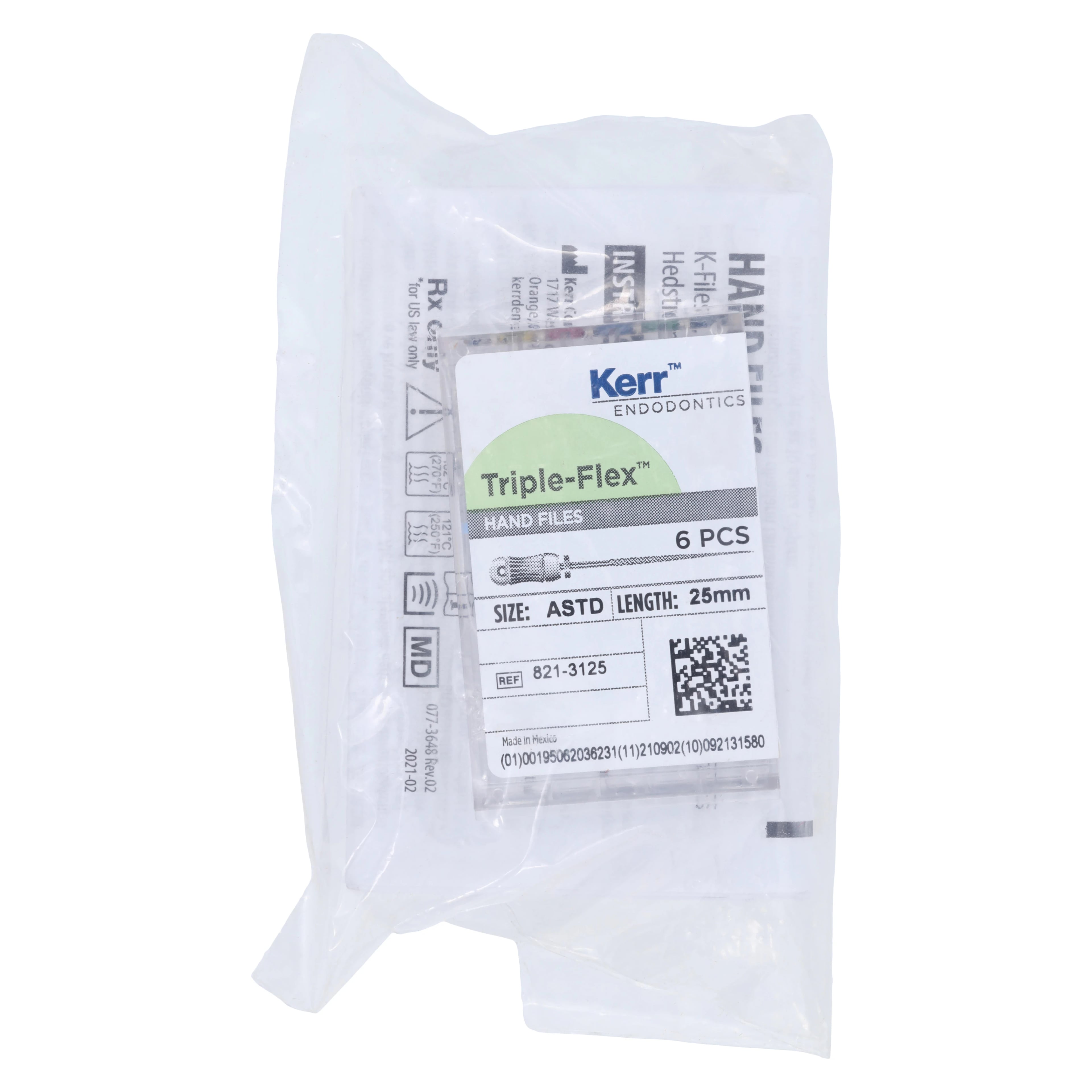 Kerr Triple-Flex Endodontic Files, 25mm, Assorted Sizes #45-80, Stainless Steel, 6/Box, 821-3125