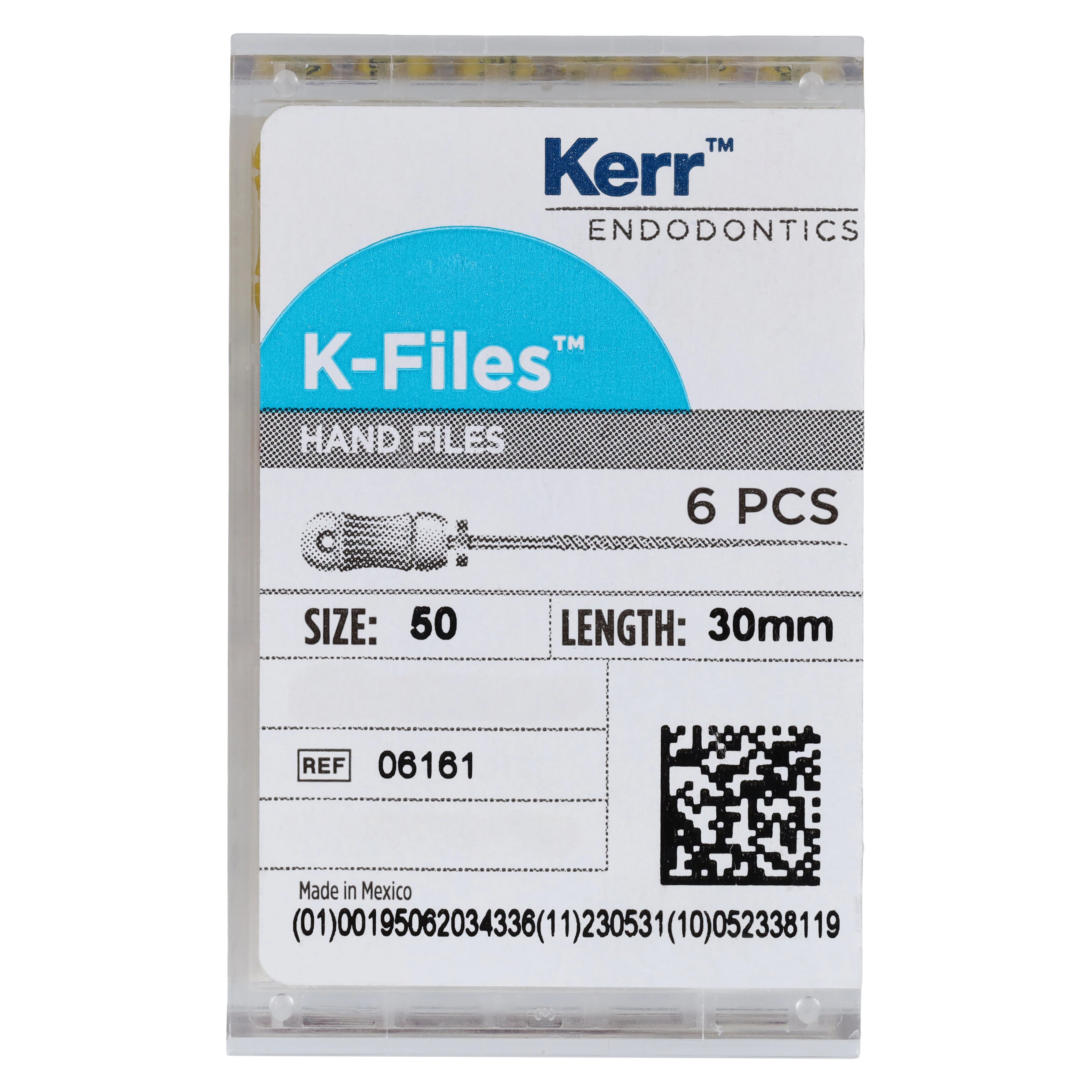 Kerr K-Files #50, 30mm, Stainless Steel, Yellow, 6/Pack, 06161
