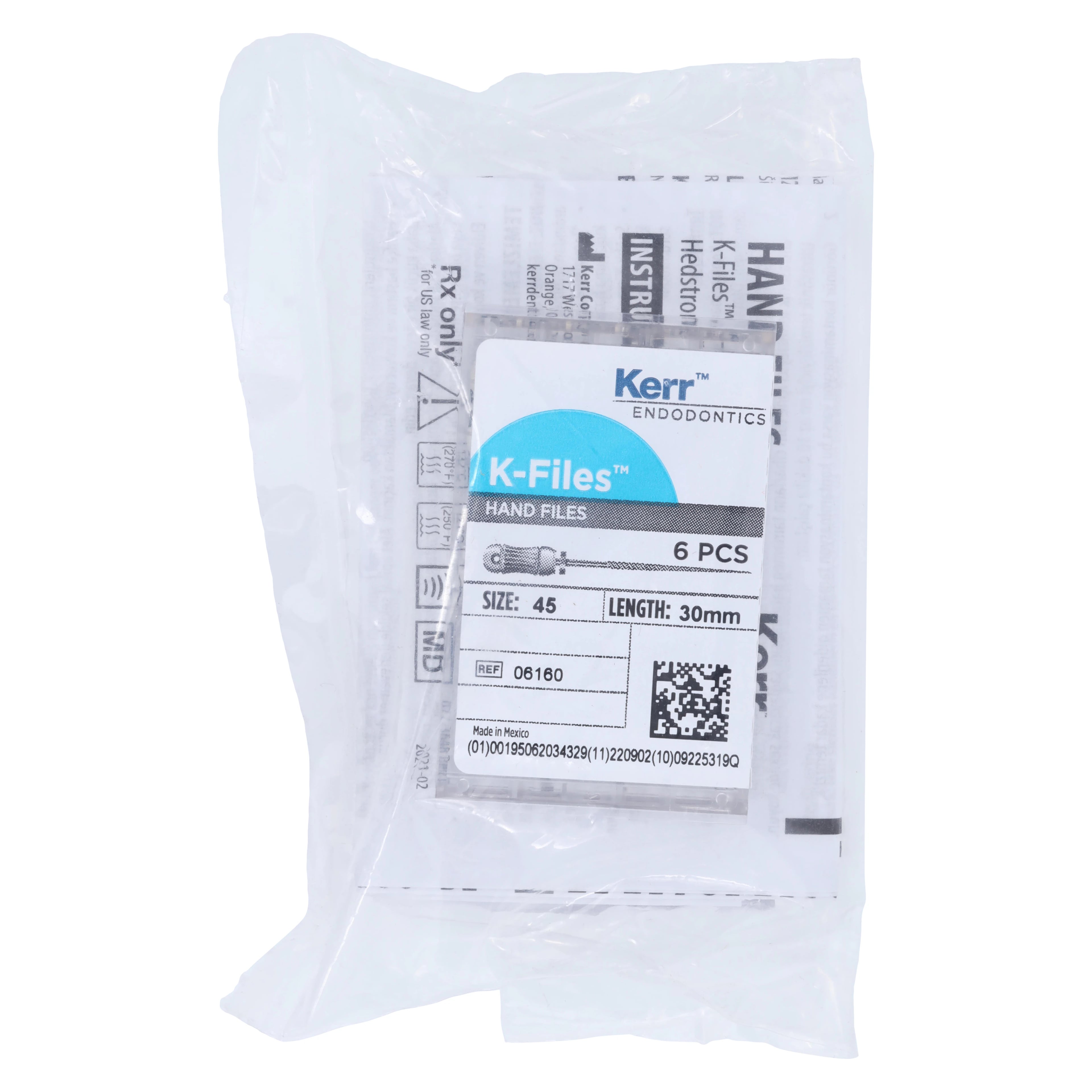 Kerr K-Files Stainless Steel Endodontic Hand Files, 30mm, Size #45, White, 6/Pkg, 06160