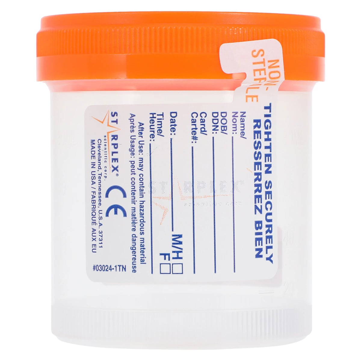 Starplex Scientific Specimen Container, 90mL, Wide Mouth, Non-Sterile, with Temperature Strip, Orange O-Ring Cap, 400/Case