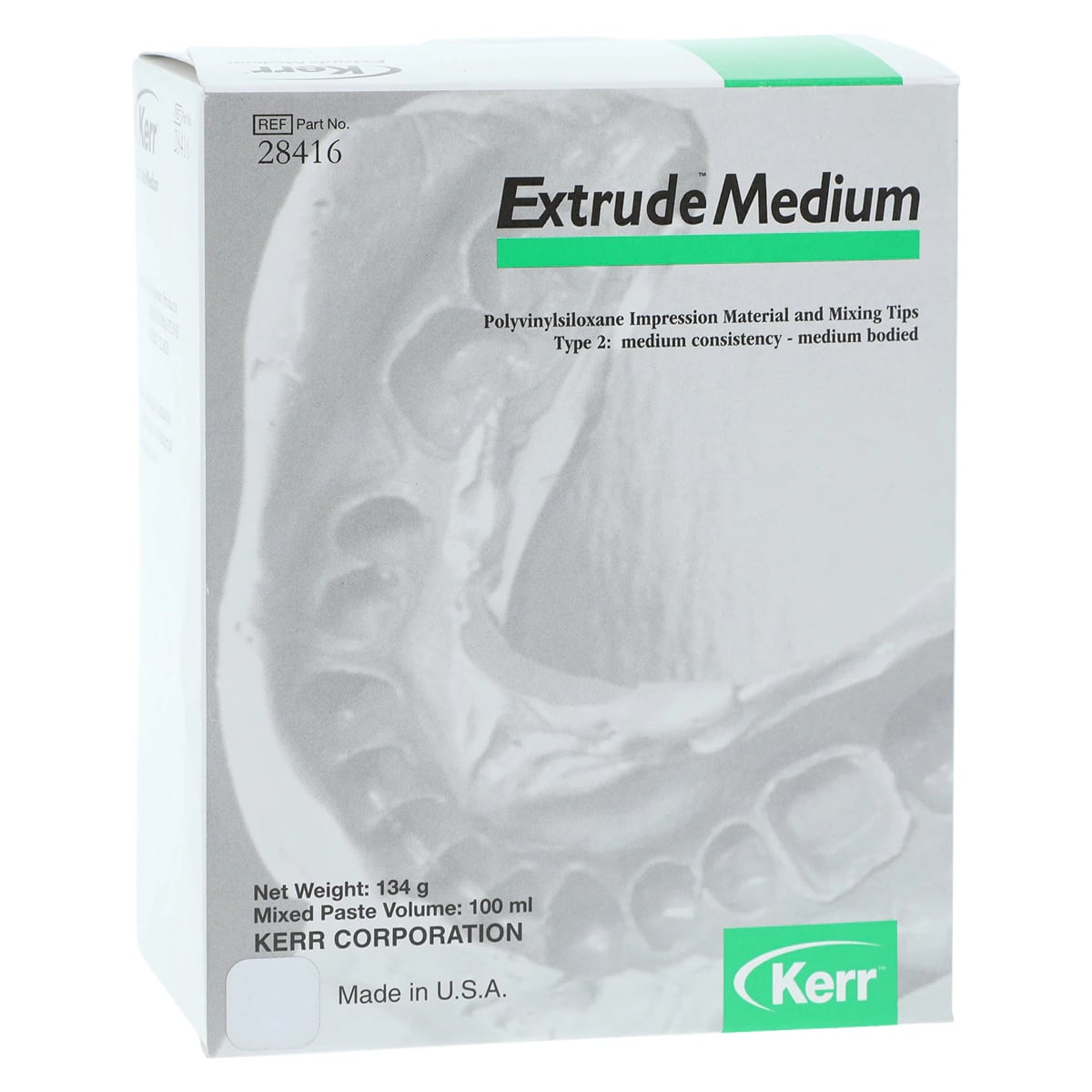 Kerr Extrude VPS Impression Material, Medium Body, Green, 50 ml Cartridges, 2/Pk with 6 Mixing Tips, 28417