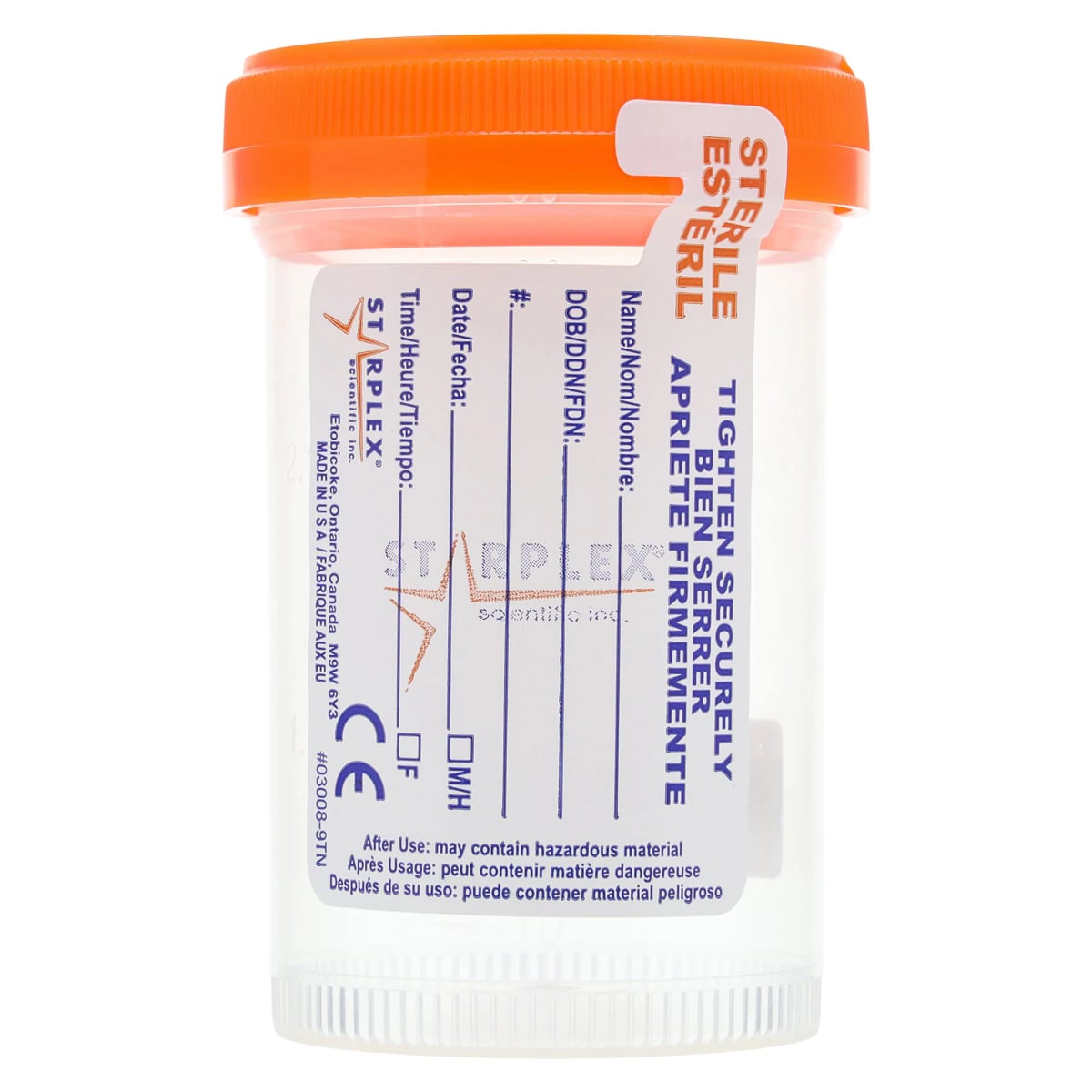 Cup Specimen 90mL Temp Strip, Sterile, Orange O-Ring Cap, 400/Case