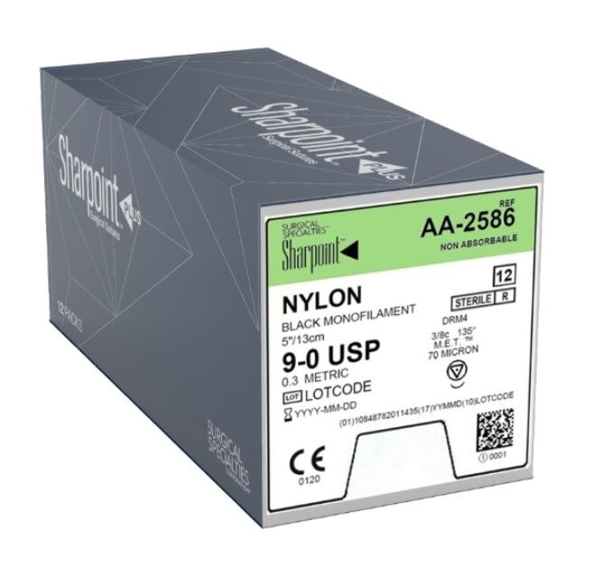 Suture Nylon DRM4 5" Mono, 9/0, Black, 3/8 Circle, 4mm, 12/Bx