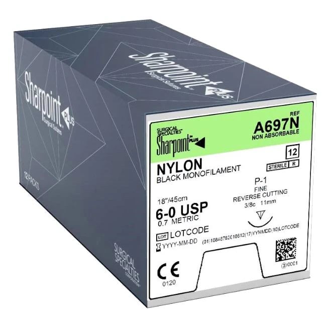 Sharpoint Suture Nylon Monofilament 6-0, 18" (45cm), Non-Absorbable, Reverse Cutting 3/8 Circle Needle 11mm, Black, 12/Box, DSM11