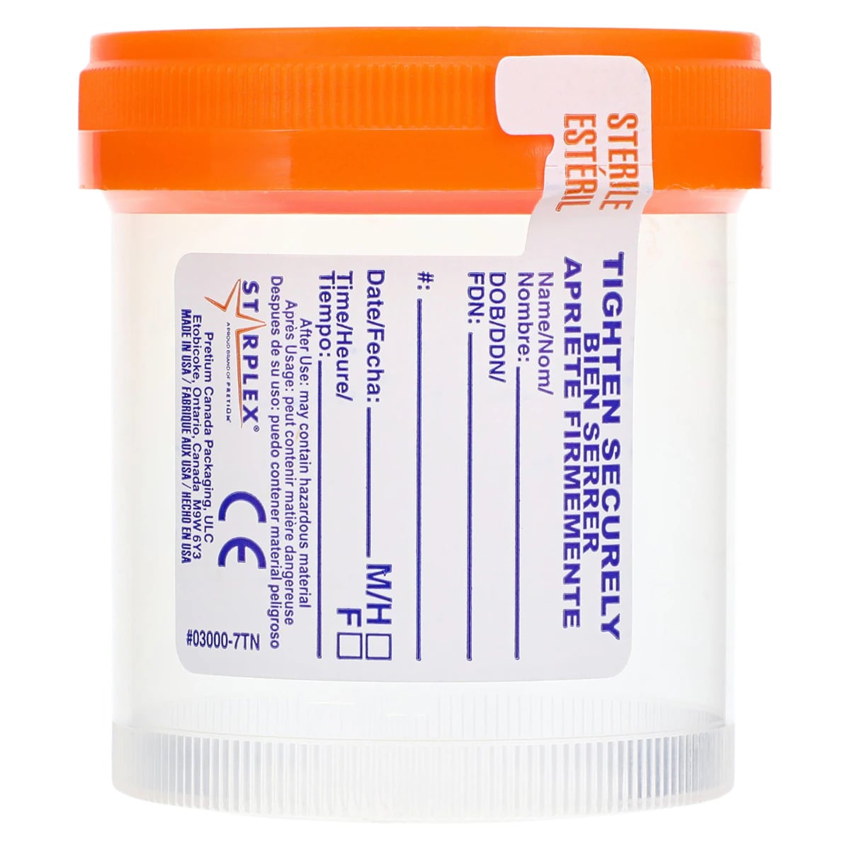 Starplex Leakbuster Specimen Container, 90mL, Polypropylene, Sterile, Graduated, Translucent Wide Mouth with Orange O-Ring Cap, 400/Case