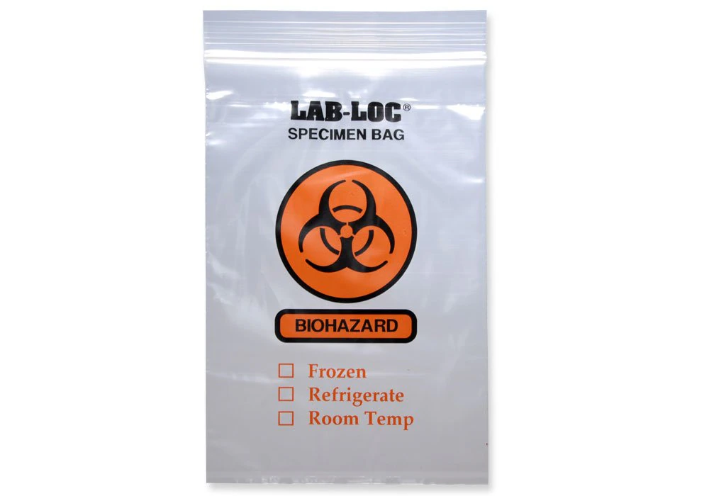 LAB-LOC Specimen Transport Bag, 2 mil, 12" x 12", Red/Transparent, Zipper Closure, LDPE, Biohazard Symbol, Non-Sterile, Disposable, 1000/Case