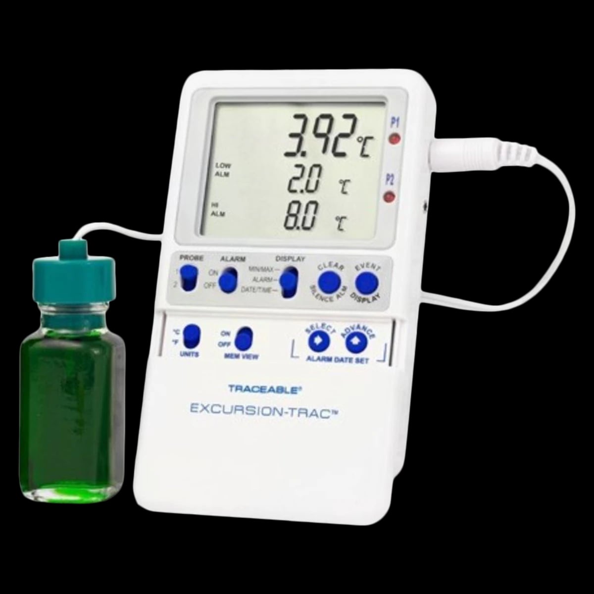 Traceable Excursion-Trac Data Logging Thermometer, ABS Plastic, -50 to 70°C, Sealed Bottle Probe, Min/Max Memory, LCD, ISO 17025/A2LA/NIST