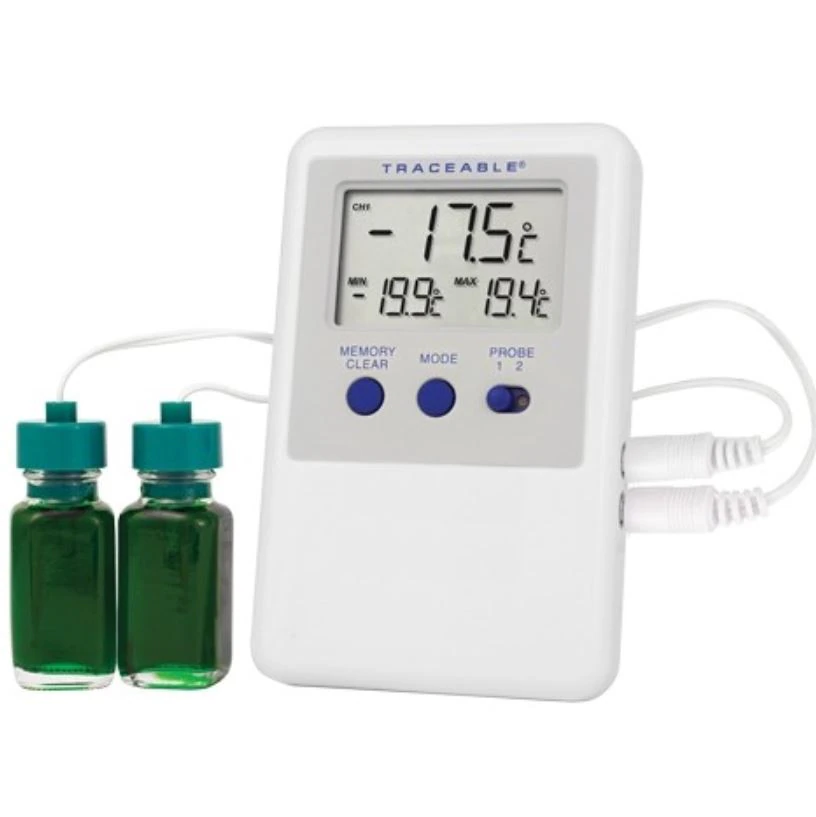 Traceable Ultra Refrigerator/Freezer Thermometer, ABS Plastic, -50 to 70°C, 2 Bottle Probes, LCD, ISO 17025/A2LA/NIST, Each