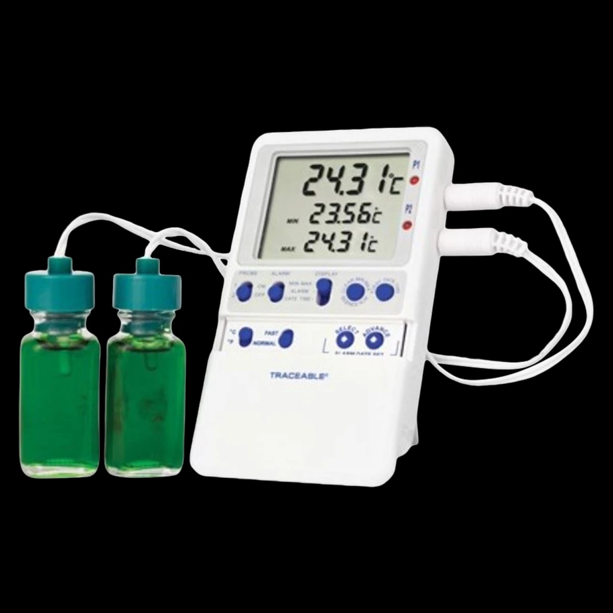 Traceable Hi-Accuracy Refrigerator Thermometer with 2 Bottle Probes, -50 to 70°C, ABS Plastic, LCD, ISO 17025/A2LA/NIST, Each