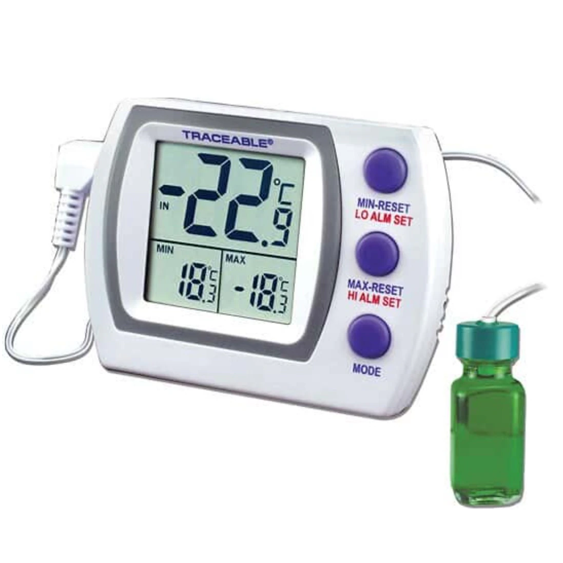 Cole-Parmer Thermometer Frig/Frz Trac+ Memory Monitoring Plus Laboratory Thermometer, -50 to 70°C, ABS Plastic, Sealed Bottle Probe, Min/Max Memory LCD, ISO 17025/A2LA/NIST Certified