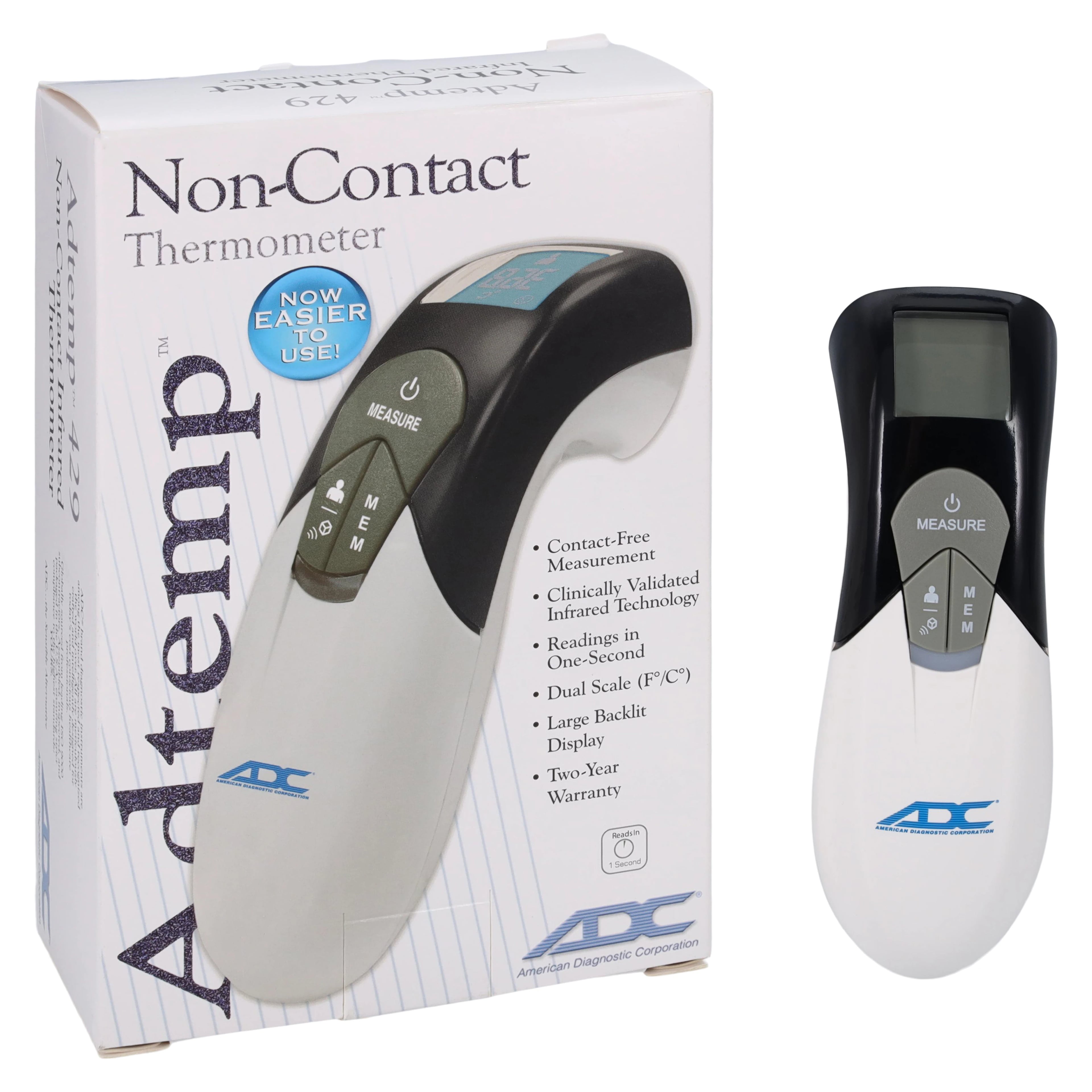 Adtemp Digital Thermometer, Reusable, Infrared Sensor, 71.6-104°F, with 2 AAA Batteries