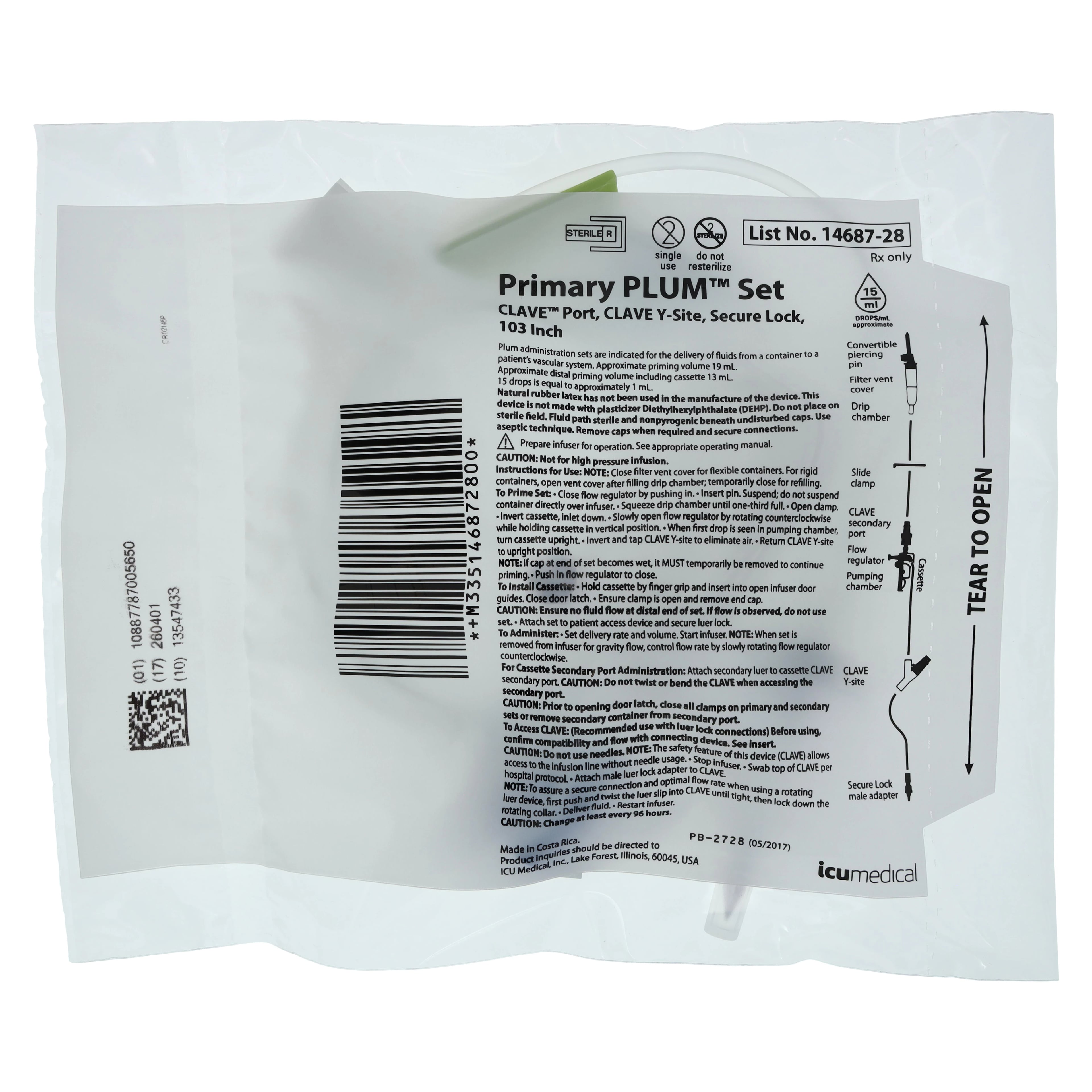 ICU Medical PlumSet Clave Primary Y-Site IV Set, 15 Drops/mL, 19mL Priming Volume, 103" Length, 48/Case