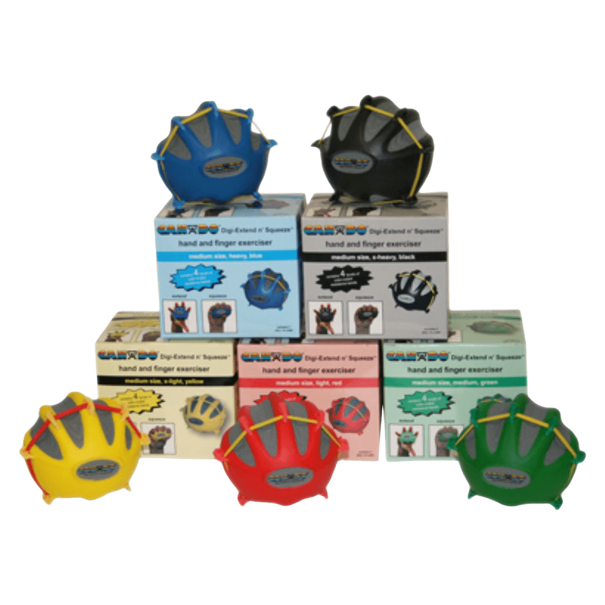 CanDo Digi-Extend n'Squeeze Hand Exerciser, 5 Resistance Levels (Yellow/Red/Green/Blue/Black), 5/Set