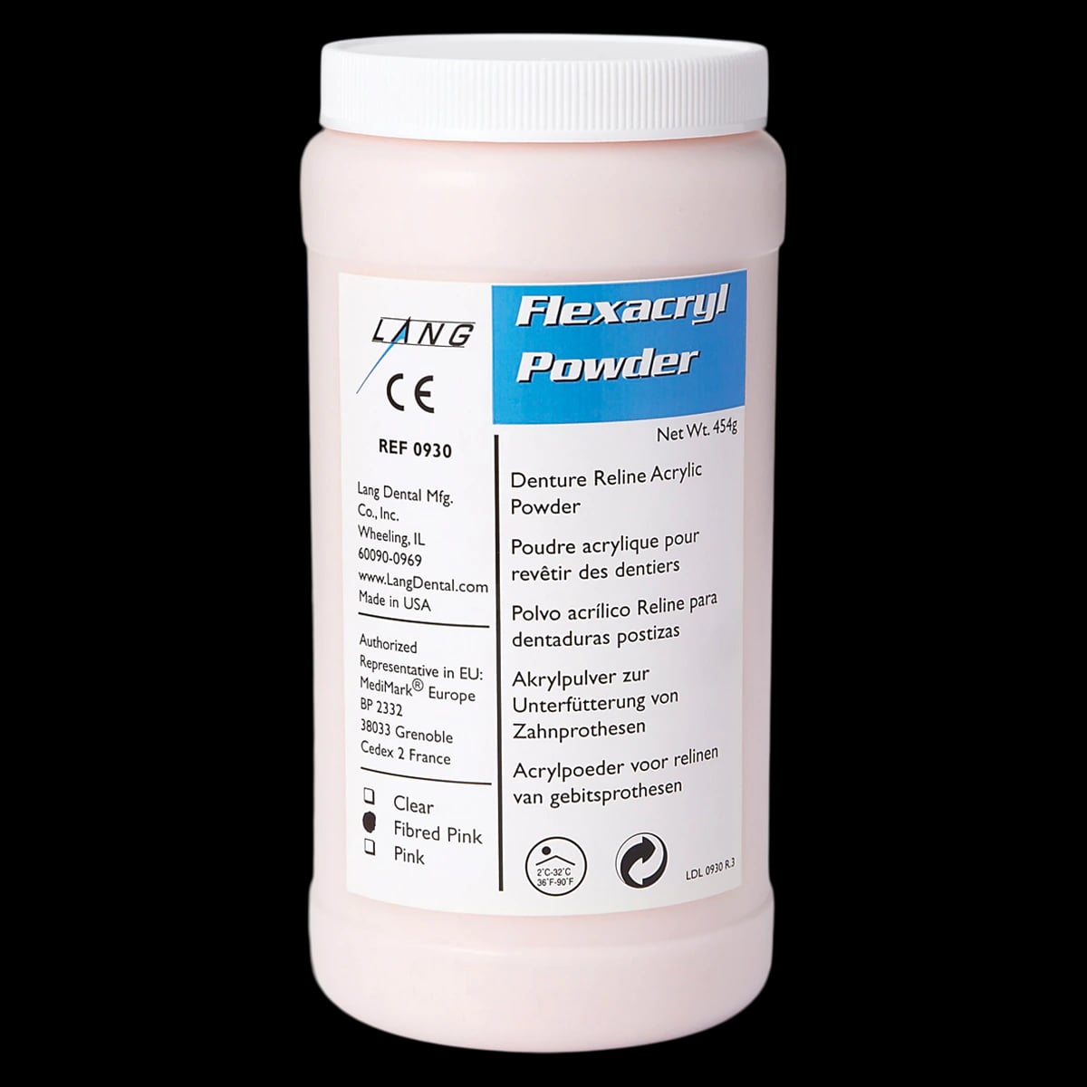 Lang Dental Flexacryl Hard Denture Liner Powder, Clear, 1 lb Bottle