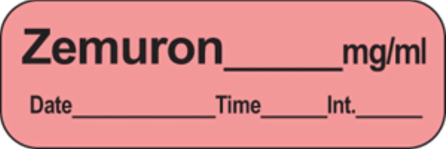 Precision Dynamics Anesthesia Label, Zemuron 10mg/mL, Fluorescent Red, 1-1/2" x 1/2", 600/Roll