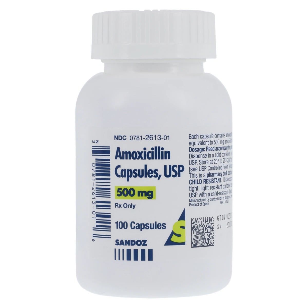 Amoxicillin Capsules, 500mg, 100/Bottle, Sandoz