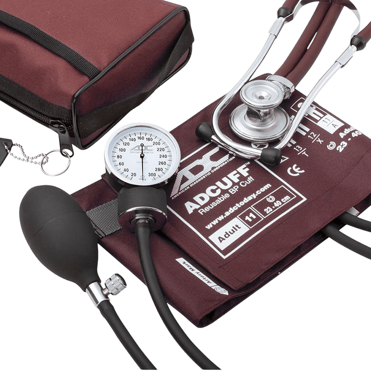 American Diagnostic Pro's Combo II Sprague Aneroid Sphygmomanometer Kit, Adult, Burgundy, 2-Tube, Reusable