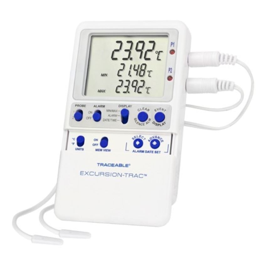 Traceable Excursion-Trac Dual Sensor Thermometer, ABS Plastic, -50 to 70°C, External Probe, LCD, Data Logging, Each