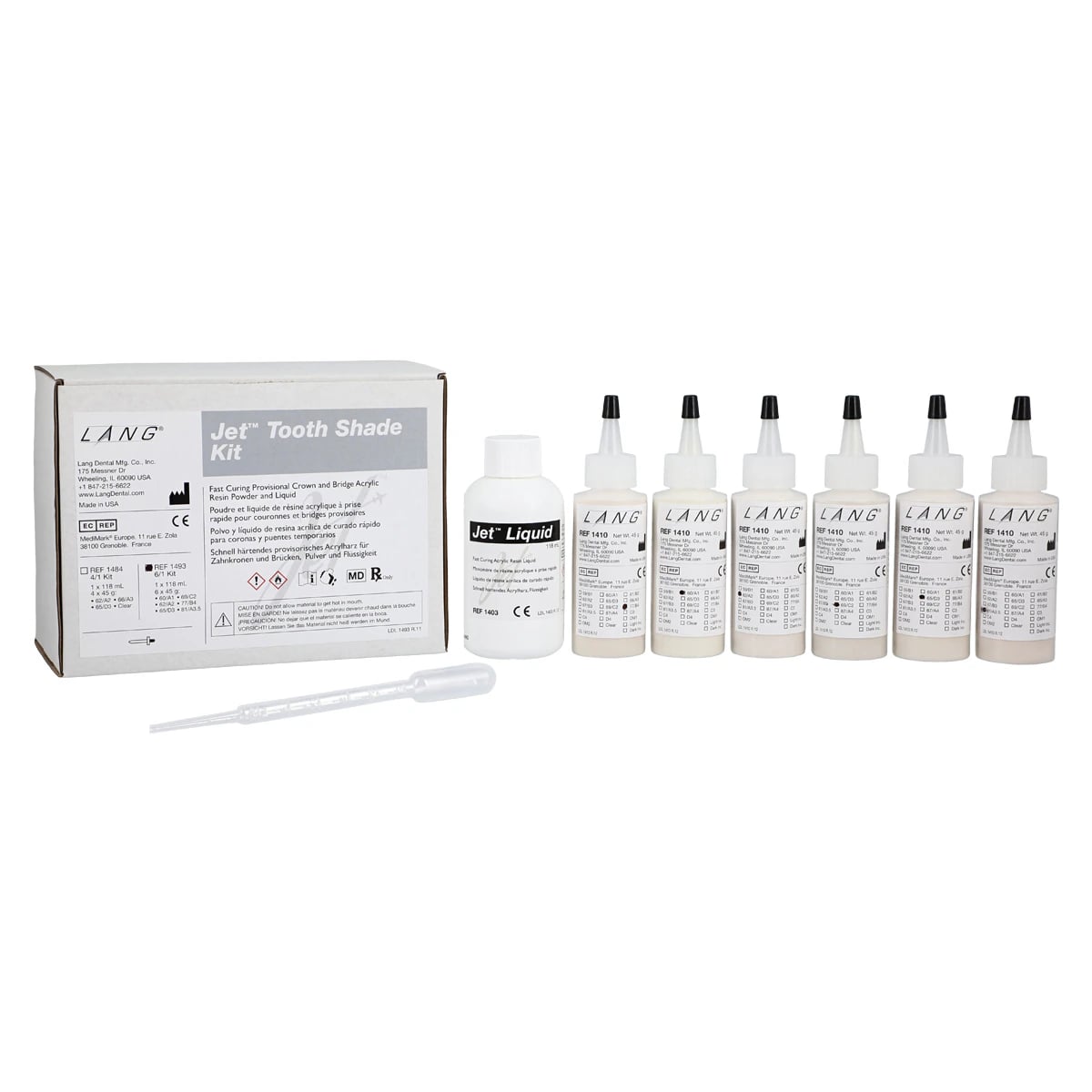 Lang Dental Jet Tooth Shade Self-Curing Acrylic Kit, 6/1 (6 x 45g Powder, 118ml Liquid), 1493R