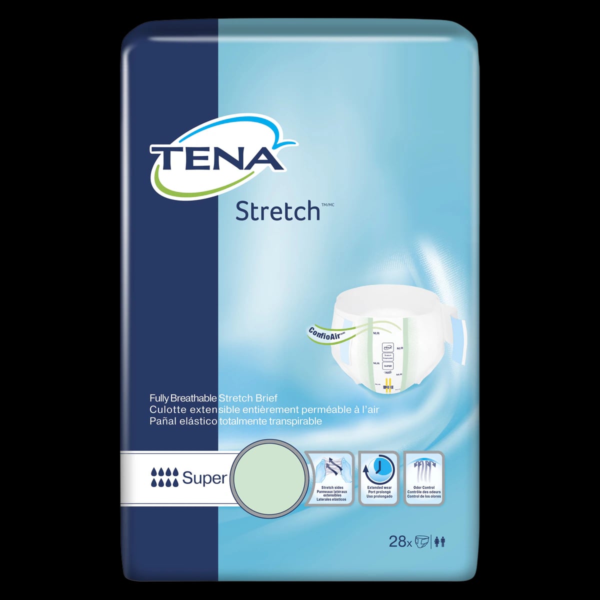 Tena Stretch Incontinence Brief, Unisex, Medium, Super Absorbency, White with Blue Dryness Strip, 56/Case
