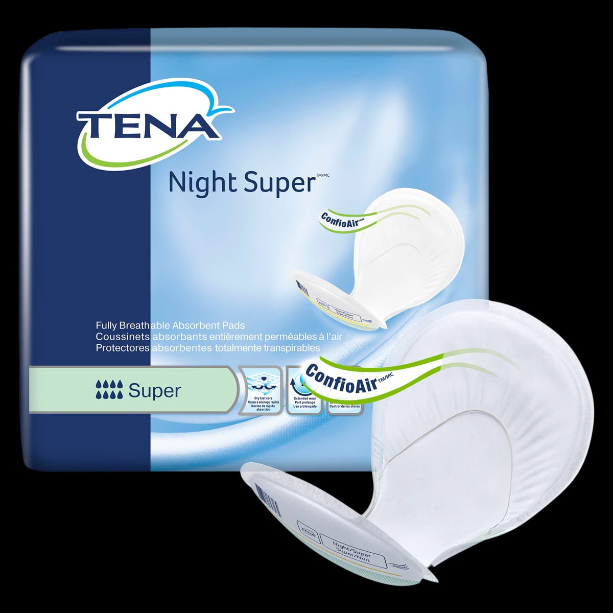 TENA Night Super Incontinence Pad, Unisex, Maximum Absorbency, 29" x 15", White, 48/Case