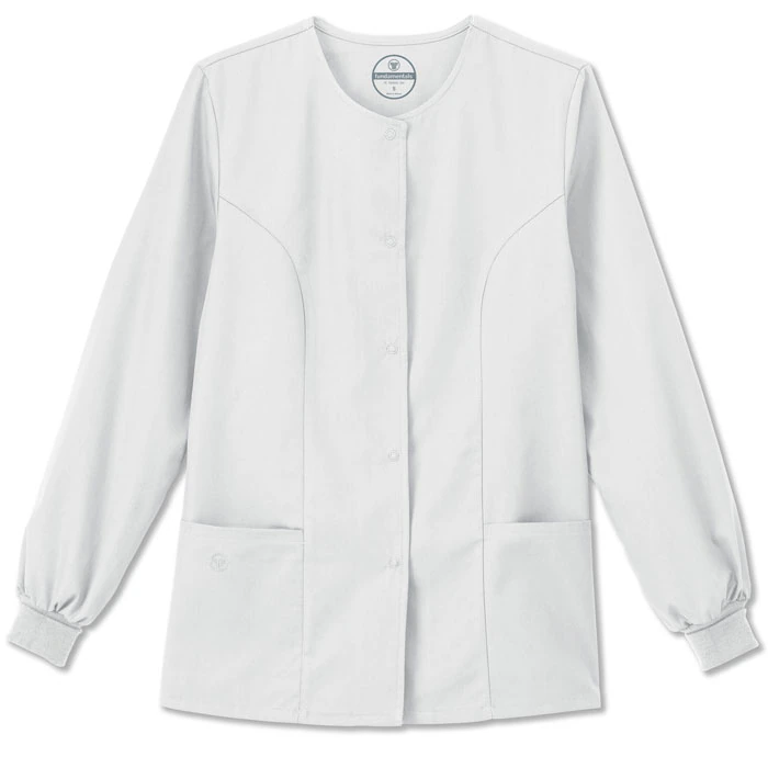 White Swan Fundamentals Ladies Snap Front Warm-Up Jacket, 65% Polyester/35% Cotton, Medium, 28 in, White