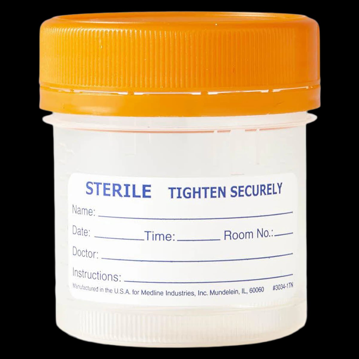 Medline Click N Close Sterile Specimen Container, 100mL, Orange Screw Cap, Leakproof, 400/Case