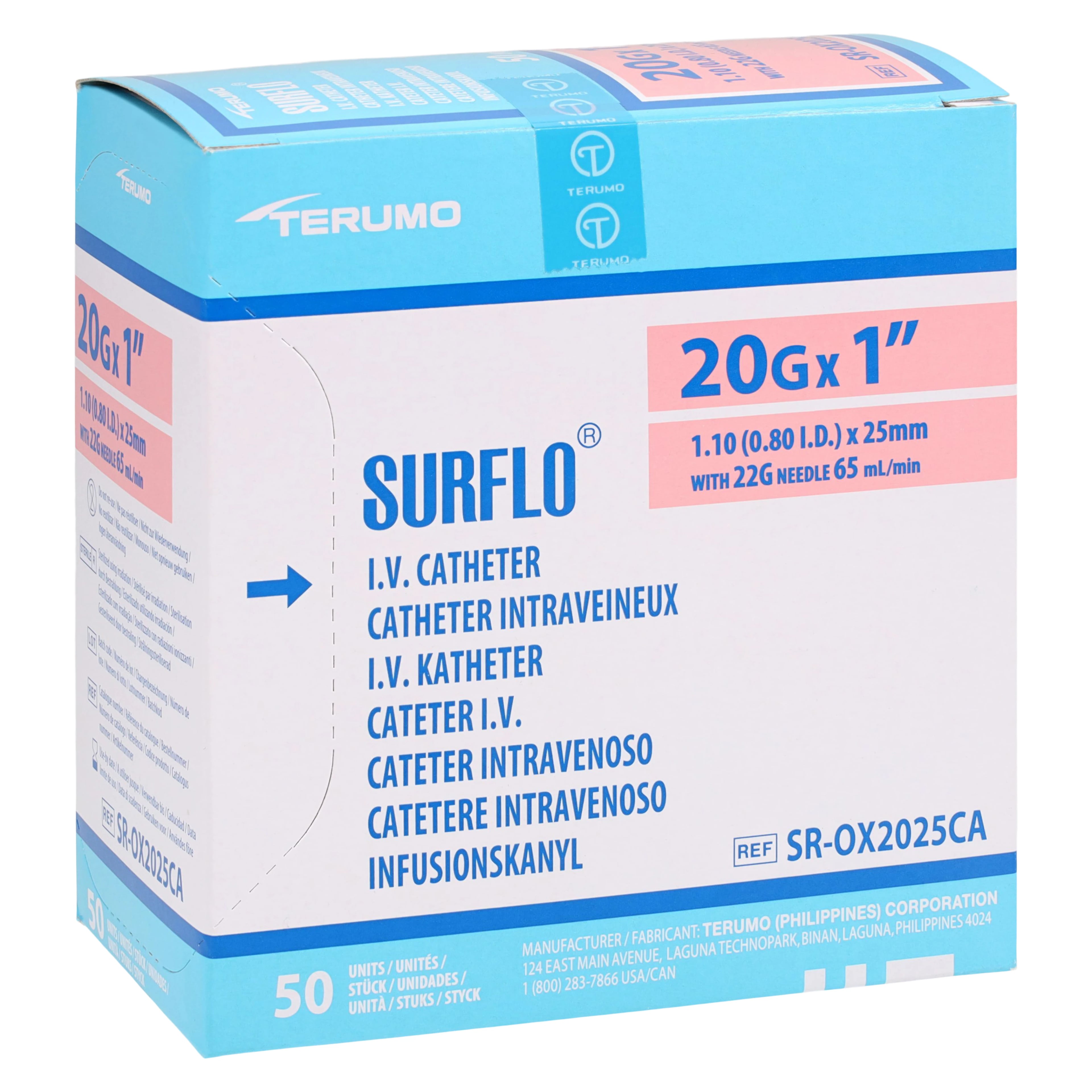 Surflo IV Catheter, 20 Gauge, 1" Double-Bevel, Pink, Sterile, Latex-Free, 50/Box