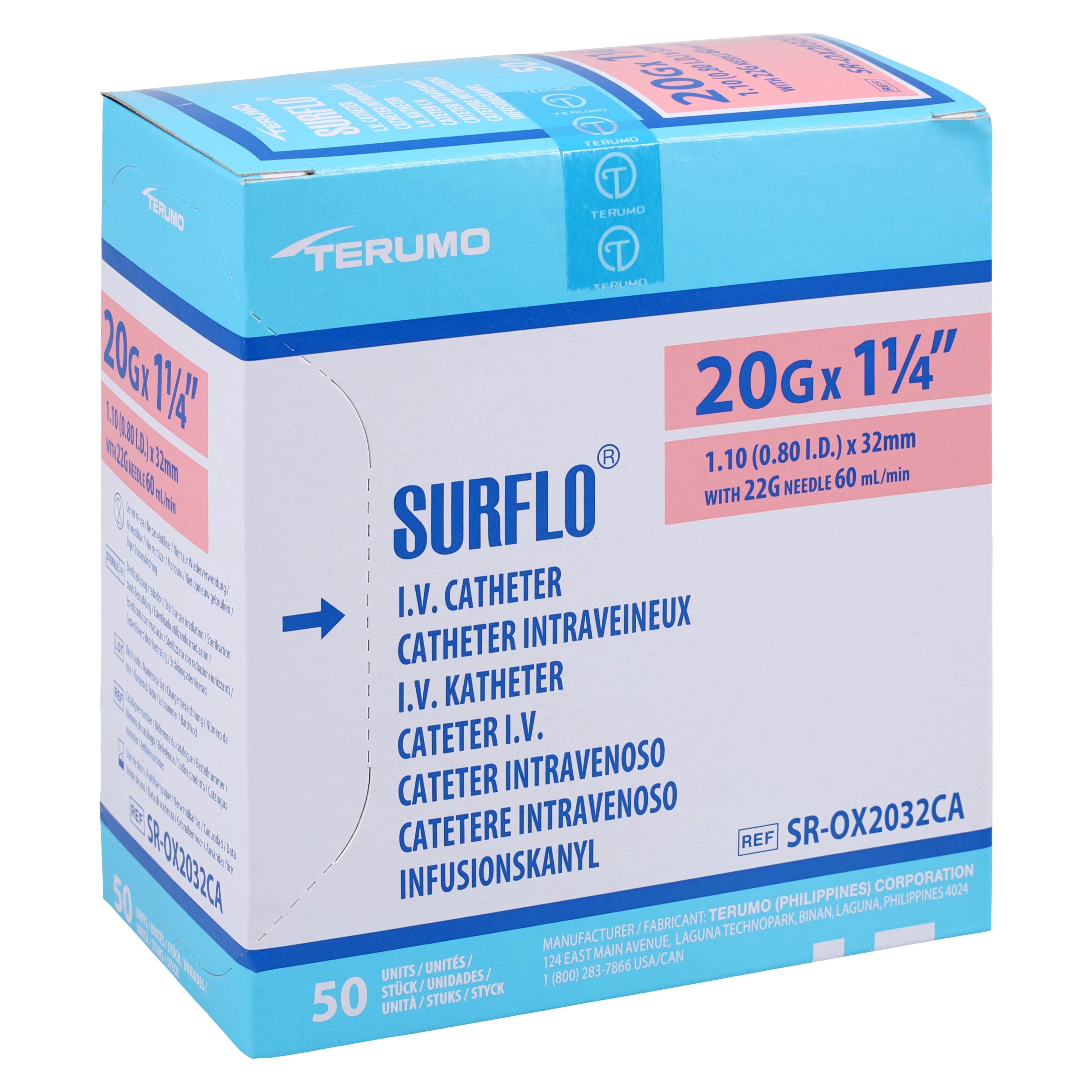 Terumo Surflo IV Catheter, 20 Gauge, 1-1/4", Double-Bevel ETFE, Sterile, Latex-Free, Pink, 50/Box
