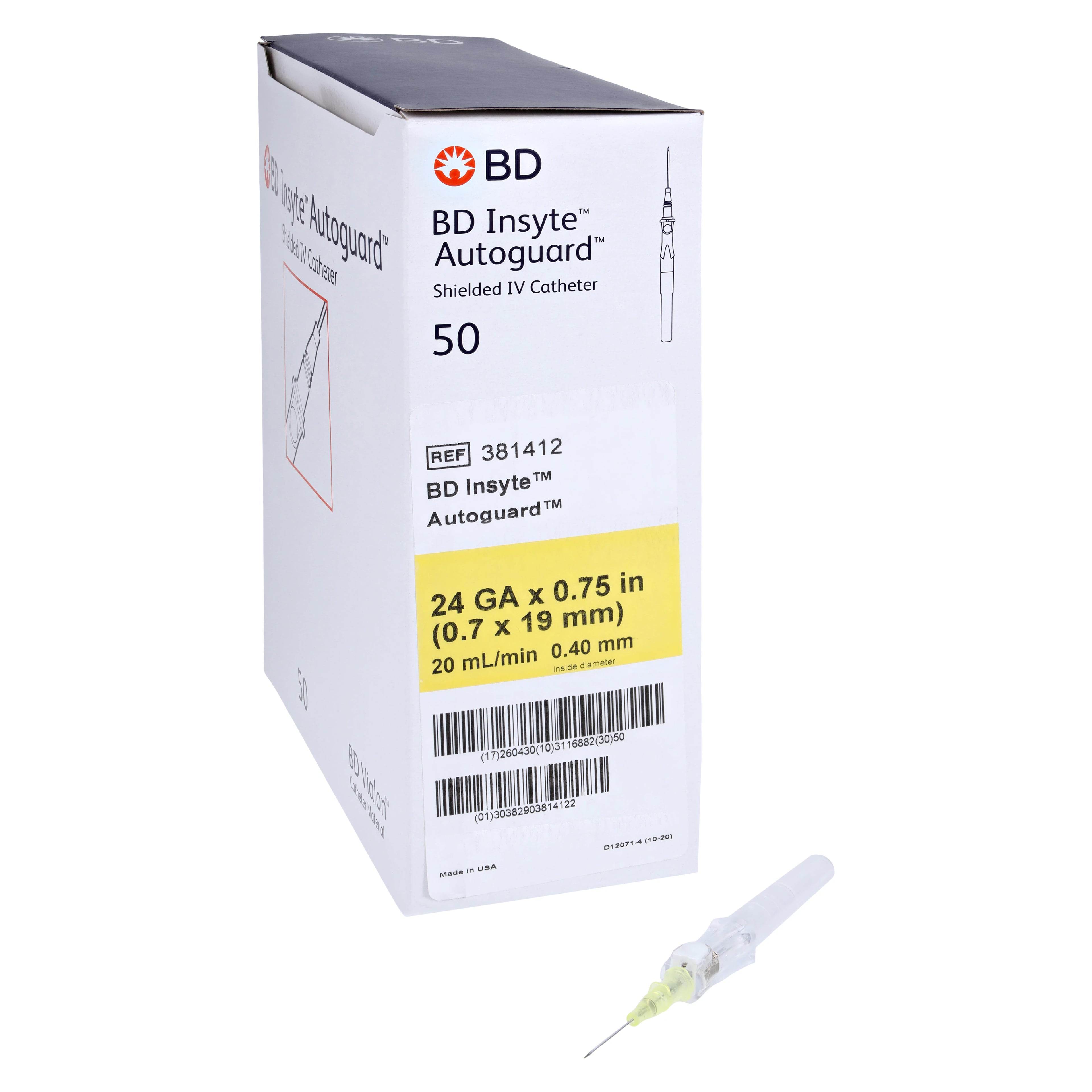 BD Insyte Autoguard Shielded IV Catheter, 24G x 3/4", Yellow, 50/Box, 4 Boxes/Case, 381412