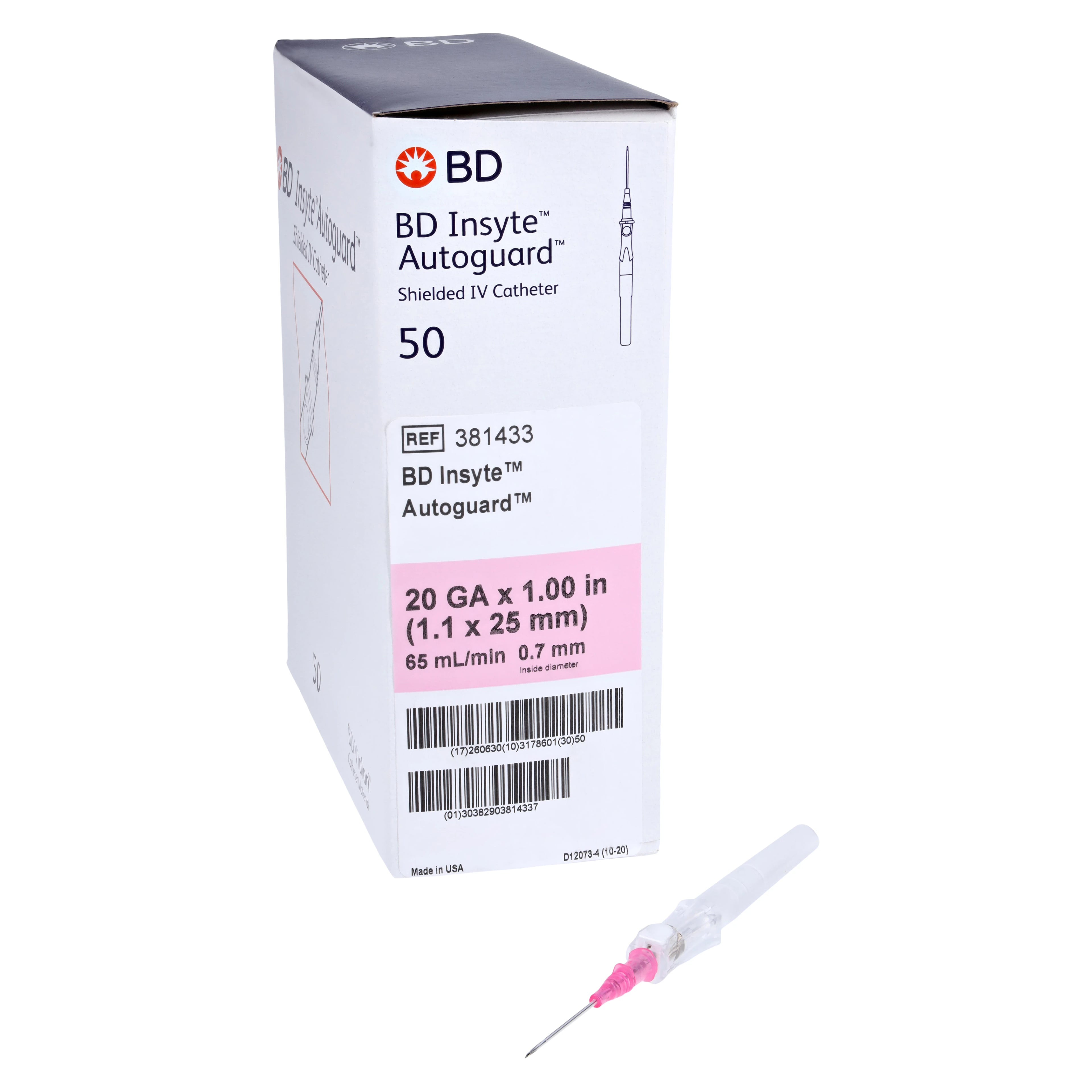 BD Insyte Autoguard IV Catheter, 20G x 1", Pink, Straight, Shielded, 50/Bx, 4cs/Cs