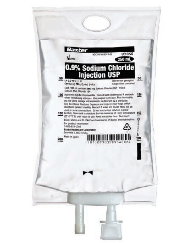 Baxter VIAFLO Sodium Chloride 0.9% Injection, 250 mL Flexible Bag, DEHP-Free, Sterile, 30/Case