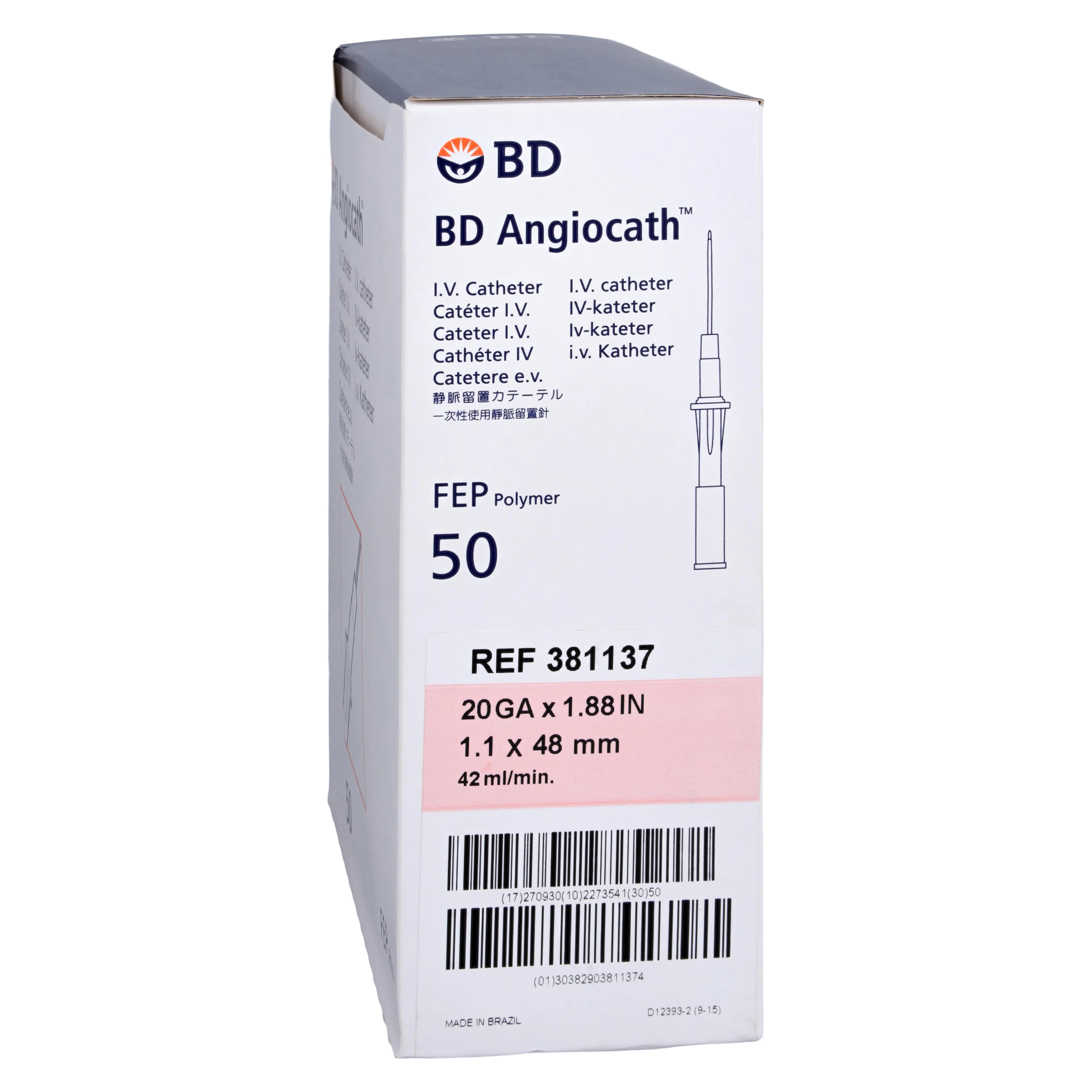 Angiocath Peripheral Venous Catheter, 20 Gauge, 1-7/8" Tapered Tip, Pink, Sterile, Latex-Free, Radiopaque, 50/Box
