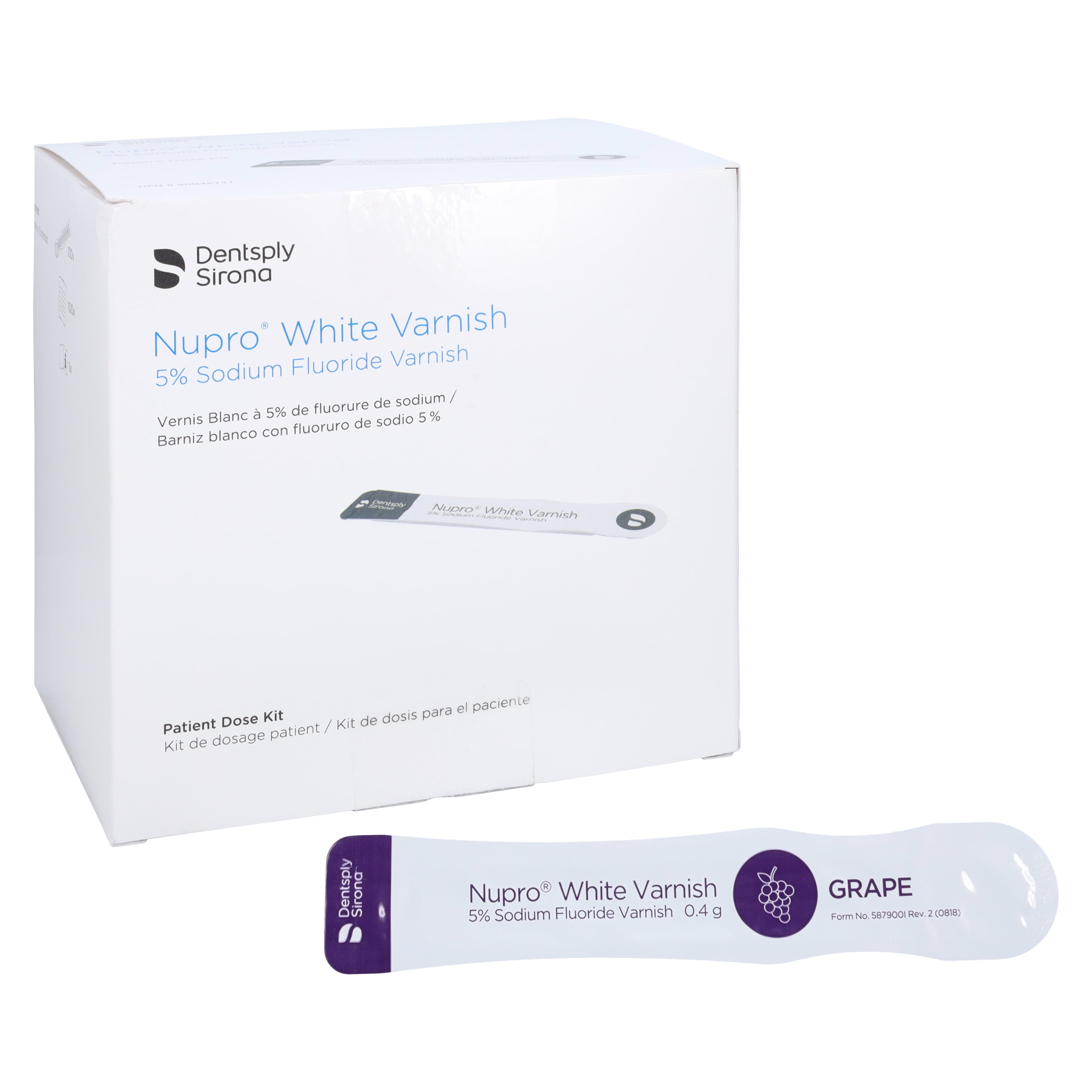 Nupro White Varnish 5% Sodium Fluoride, Grape, 0.4 g Easy Application Packages, 100/Box, 130320