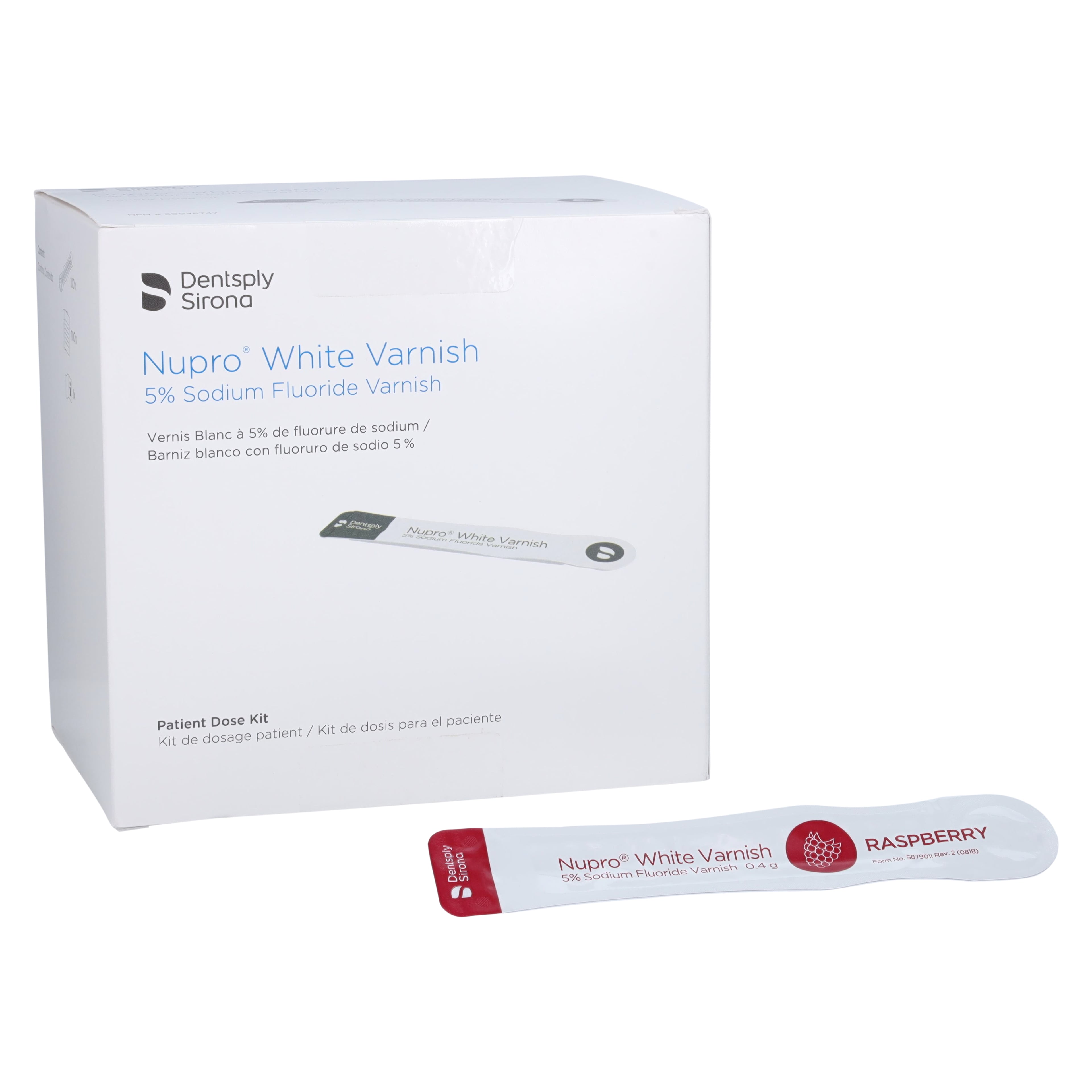 NUPRO White Varnish 5% Sodium Fluoride, Raspberry, 0.4 g, Easy Application Packages, 100/Box, 130327