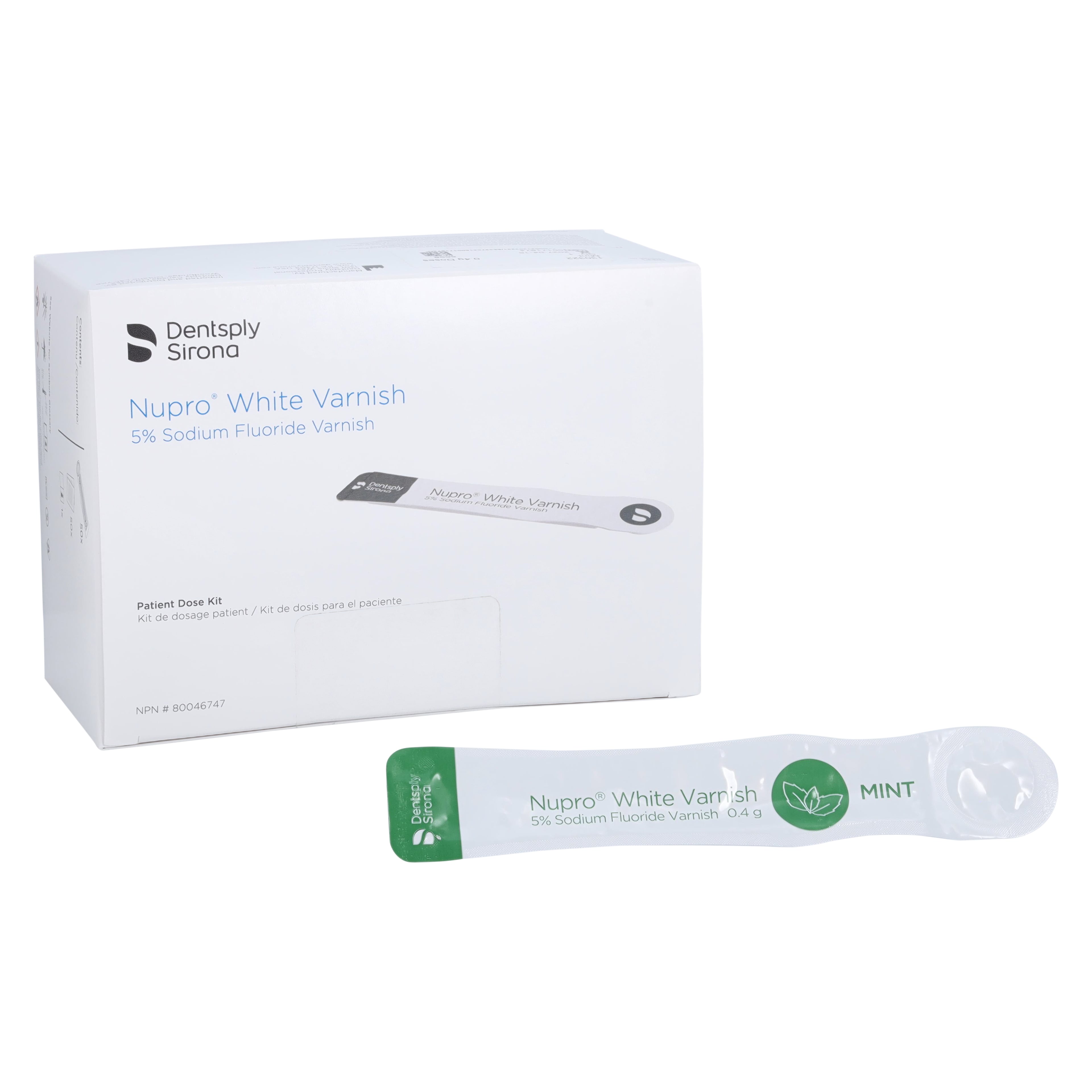Nupro White Varnish, 5% Sodium Fluoride, Mint, 0.4 g, 50 Application Packs/Box, 130322