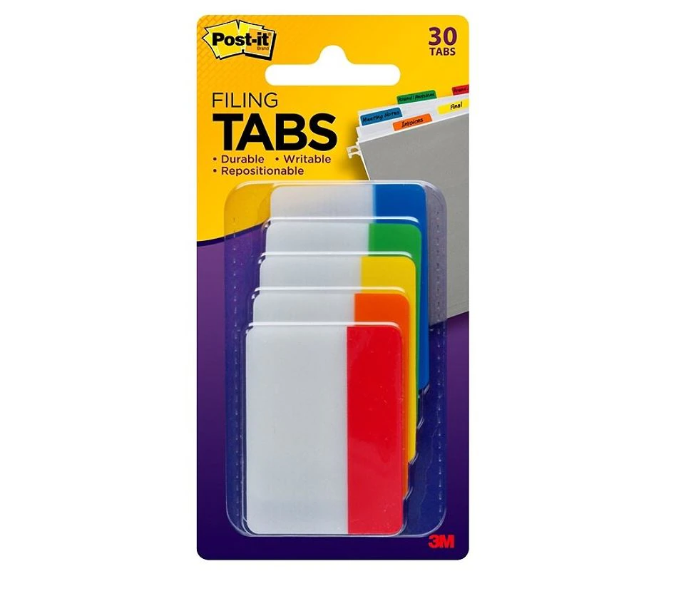 Post-it File Tabs, 2 Inch, Assorted Colors, 6 Tabs per Pad, 5 Pads per Pack
