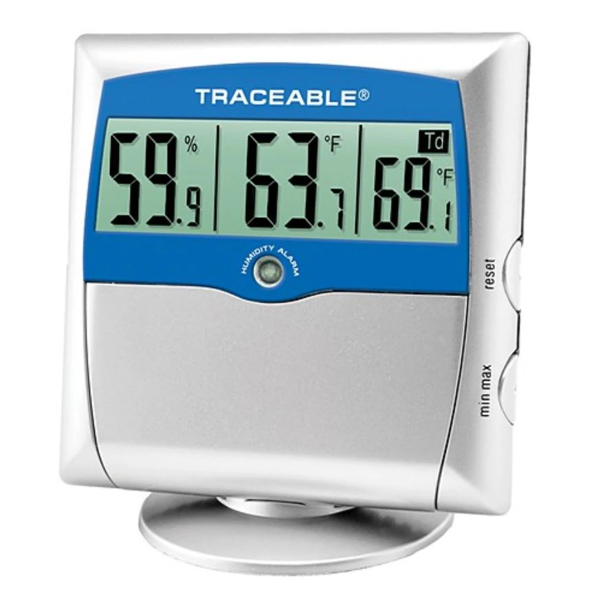 Traceable Humidity/Temperature Thermometer, ABS Plastic, -10 to 60°C / 20 to 95% RH, Internal Probe, Min/Max Memory, LCD, Wall Mount