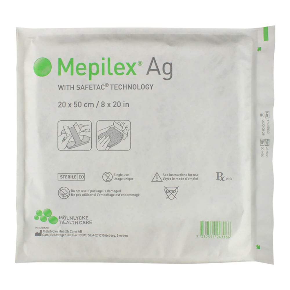 Mepilex Ag Polyurethane Foam Dressing, 8" x 20", Sterile, Mildly Adhesive, Gentle Adherent, Latex-Free