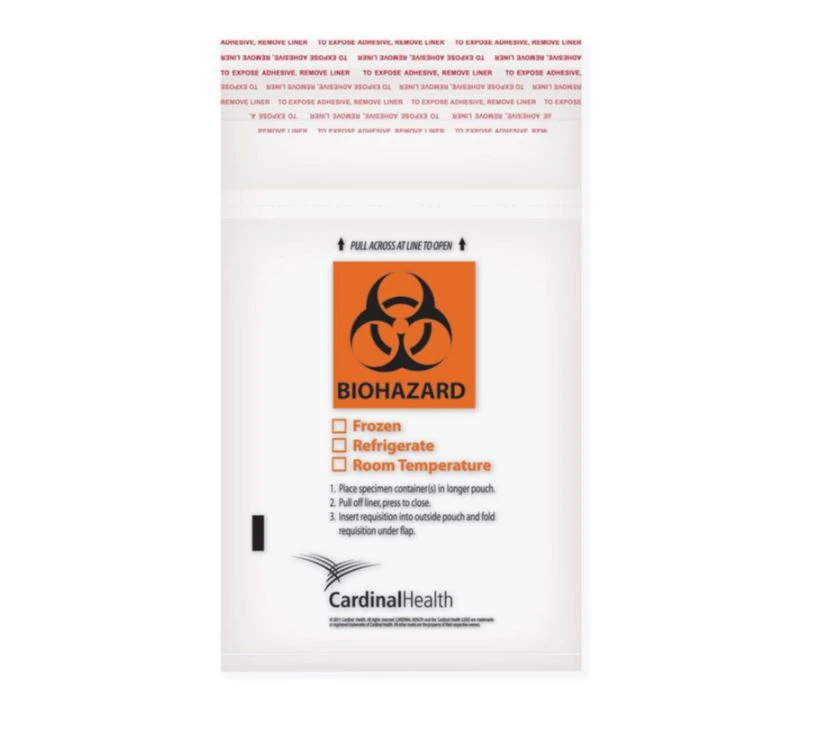 Cardinal Health Biohazard Specimen Transport Bag, 2 mil, 6" x 10", Clear, Adhesive Closure, 100/Pack, 10 Packs/Case