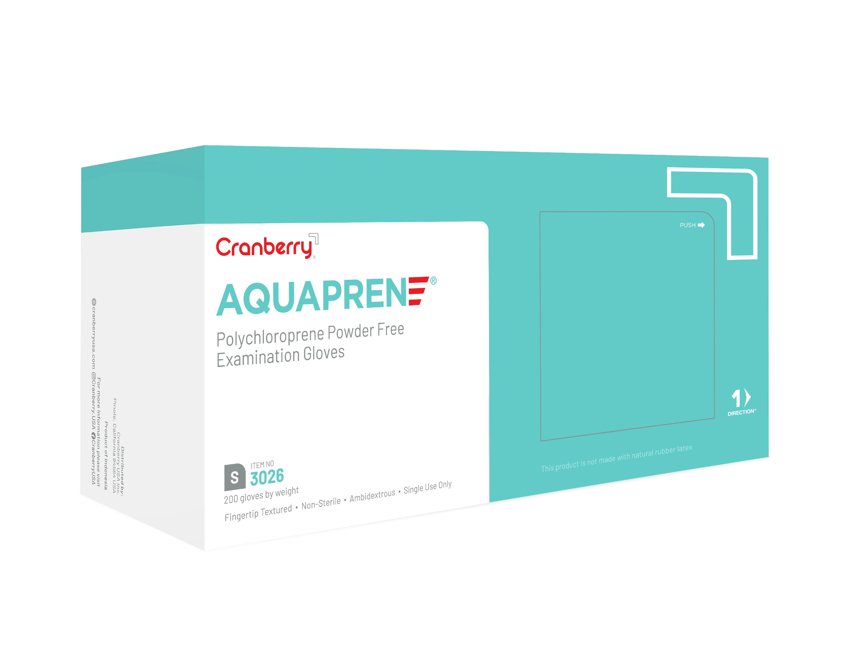 Cranberry AquaPrene Chloroprene Exam Gloves, Powder-Free, Non-Sterile, Small, Aqua Blue, 200/Box, CR3026