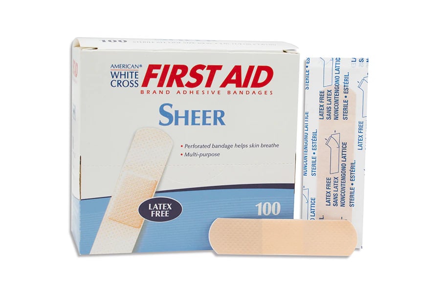 American White Cross First Aid Adhesive Bandage, Plastic Film, Sheer, Sterile, 3/4" x 3", 100/Box