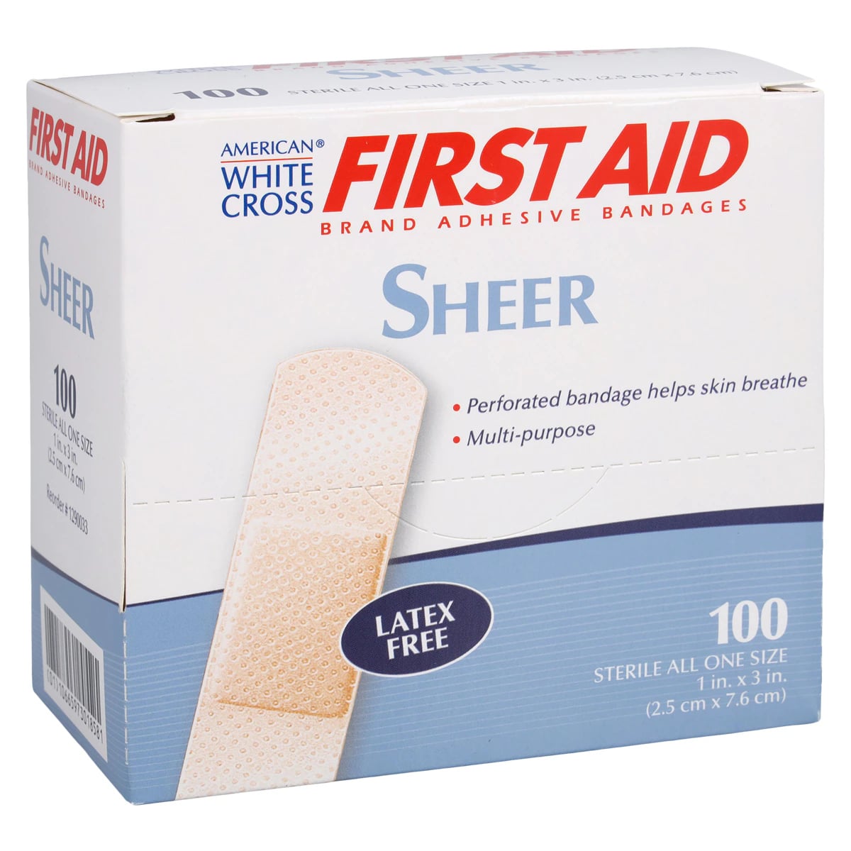 American White Cross First Aid Adhesive Bandage, Plastic Film, Sheer, 1" x 3", Sterile, 100/Box